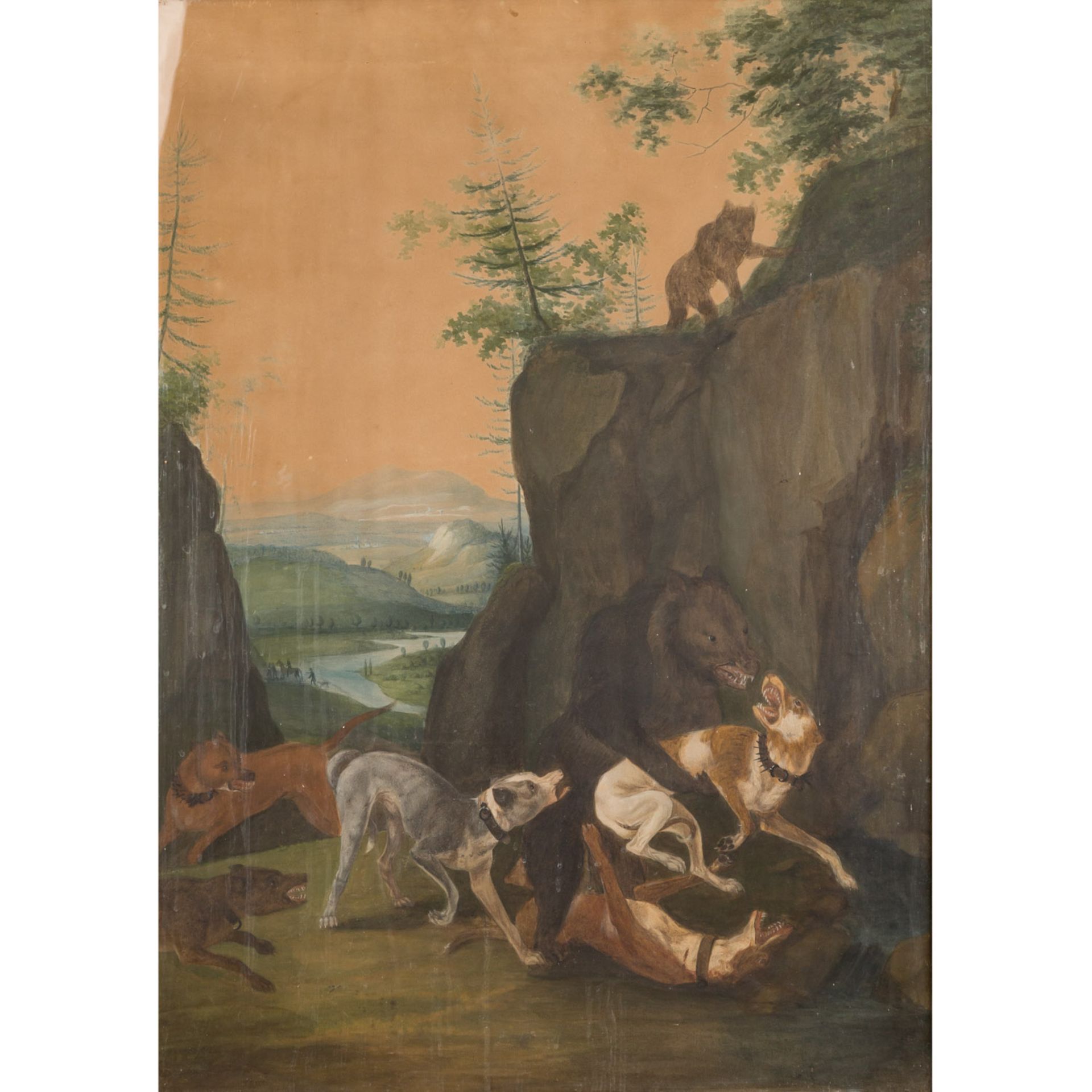 KÜNSTLER/IN 18. Jh., "Bärenhatz zwischen Felsen",Bär im Kampf mit Jagdhunden, im Hintergrund weite