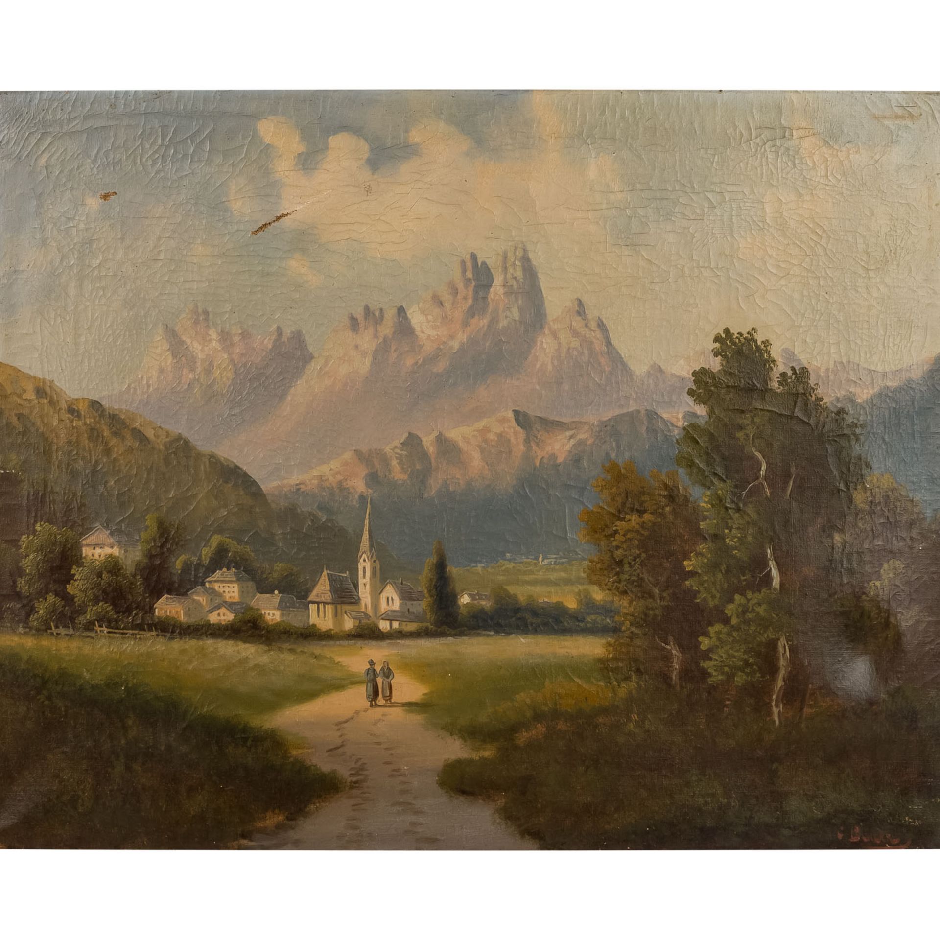 BAUER, C. (BAUR?, 19. Jh.), "Romantische Landschaft mit Dorf in den Alpen",im Vordergrund zwei