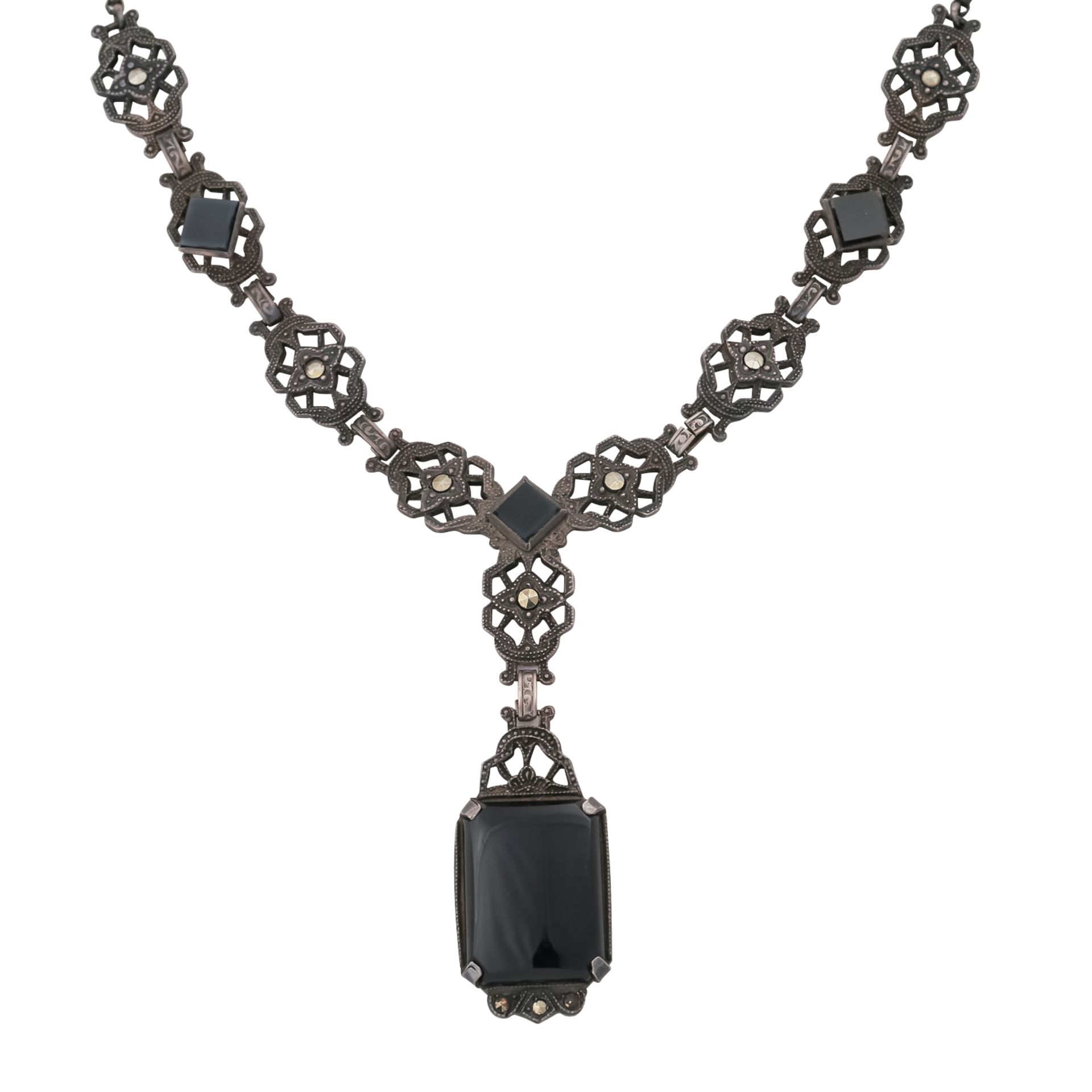 Art Déco Collier mit Onyx und Markasit,Silber, L. ca. 56 cm, 1. H. 20. Jh., schöner Zustand! - Bild 2 aus 4