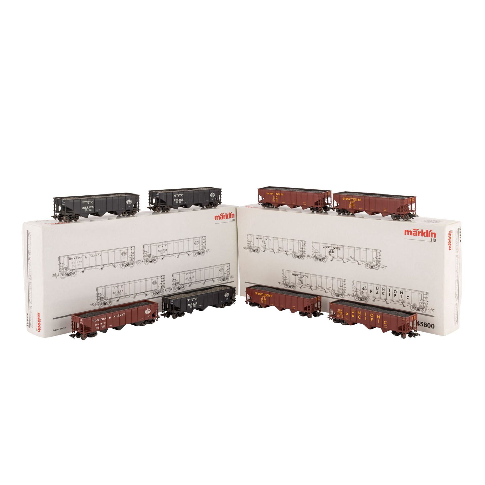 MÄRKLIN 2 "Hopper Car Sets", Spur H 0,bestehend aus "45800" und "45801" mit jeweils 4 US-Güterwagen,