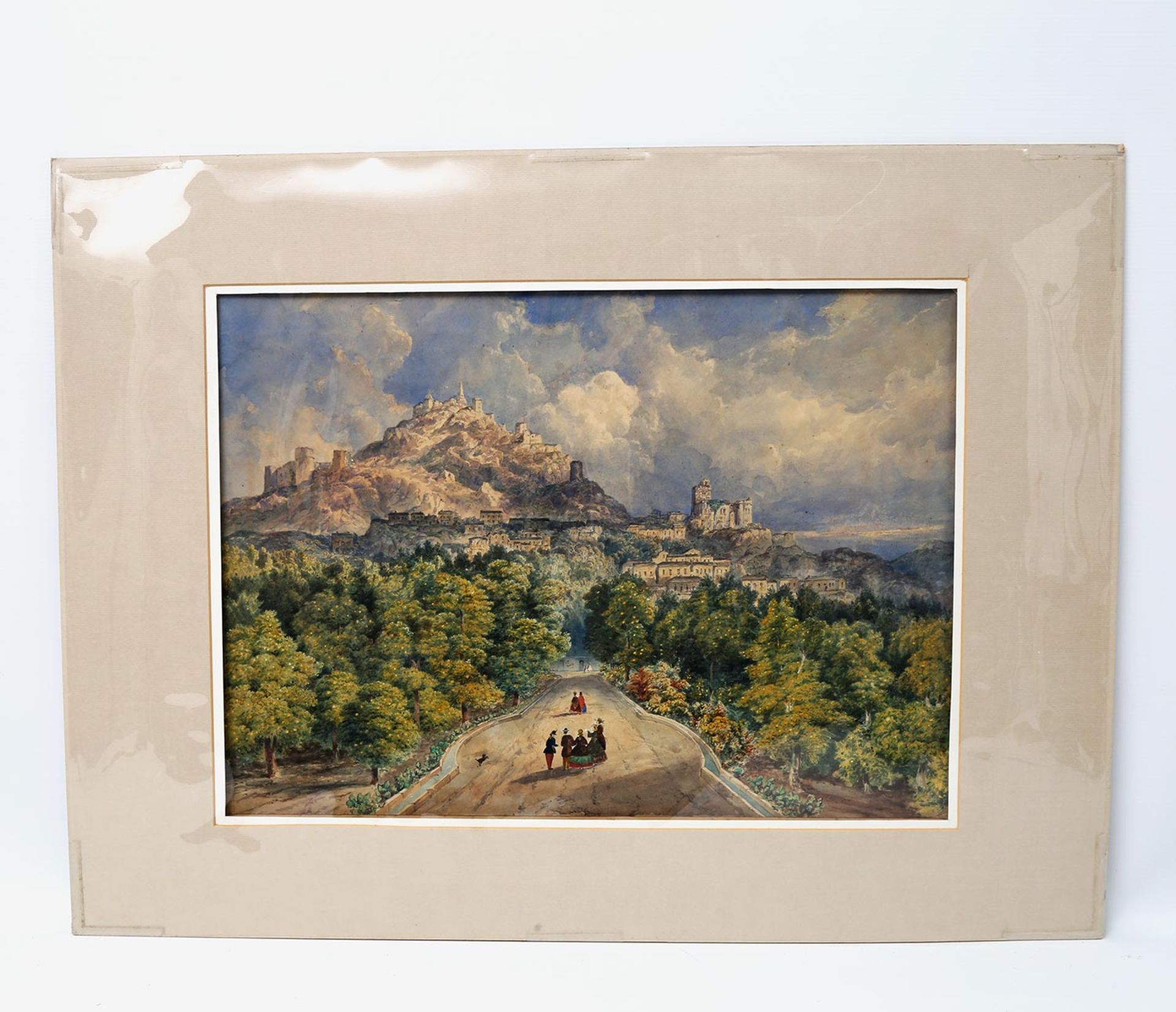 KÜNSTLER des 19. Jh., "Assisi in Italien" (?),Burg- und Klosteranlage über der Stadt, mit Personen - Image 2 of 3