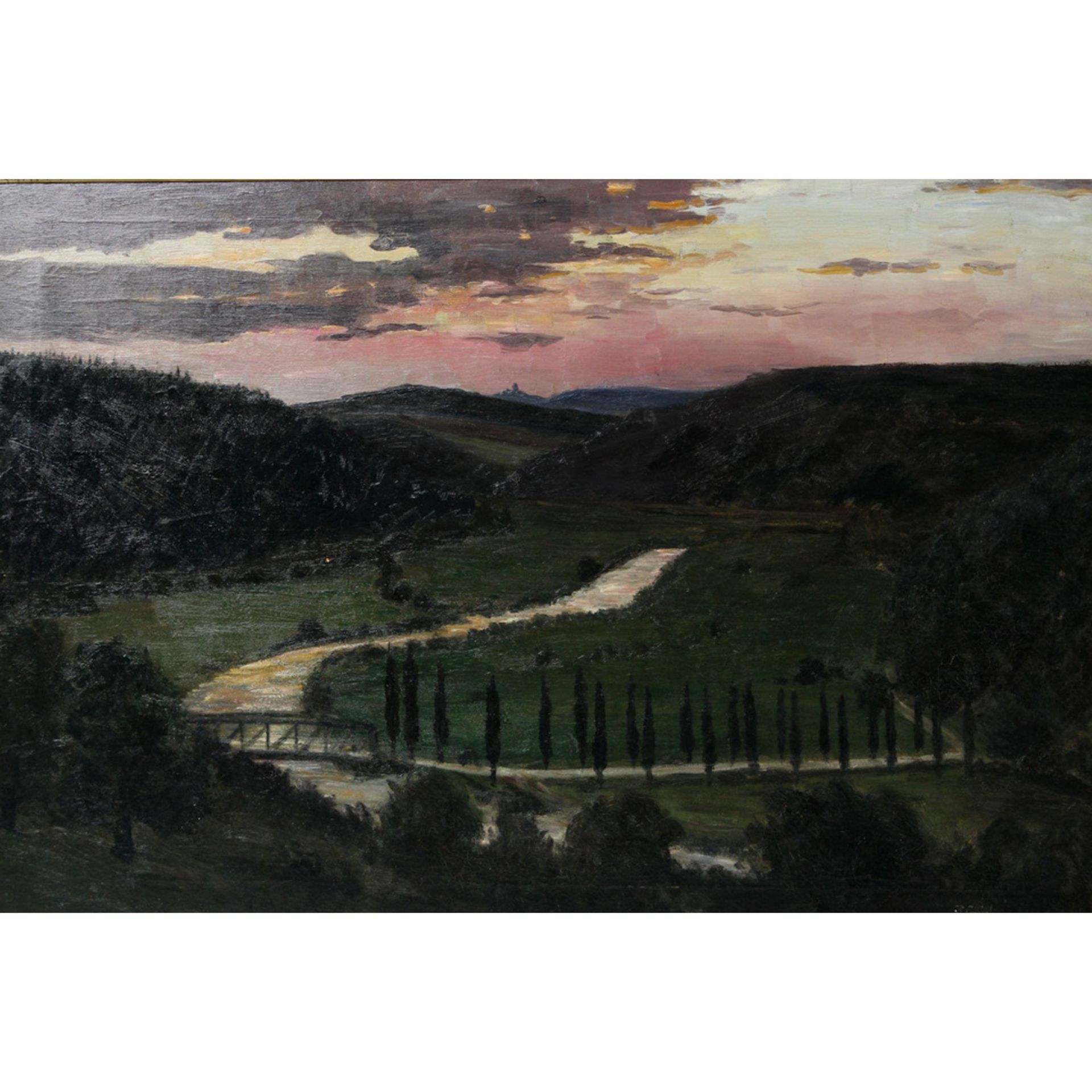 GOEBEL, PAUL (1877-?): Abendlandschaft mit Blick in ein Tal mit einer Brücke und Zyperessen,Öl/Lwd.,