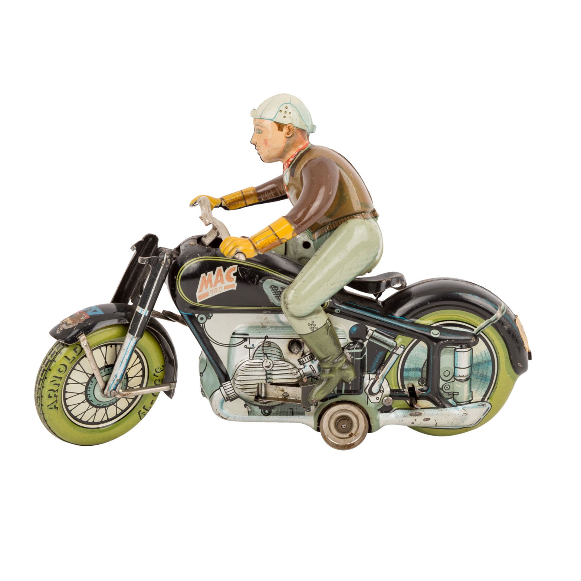 ARNOLD Motorrad " MAC 700", 1945-1949,Blechfahrzeug mit Fahrer, farbig lithographiert, bodenseitig - Bild 3 aus 5