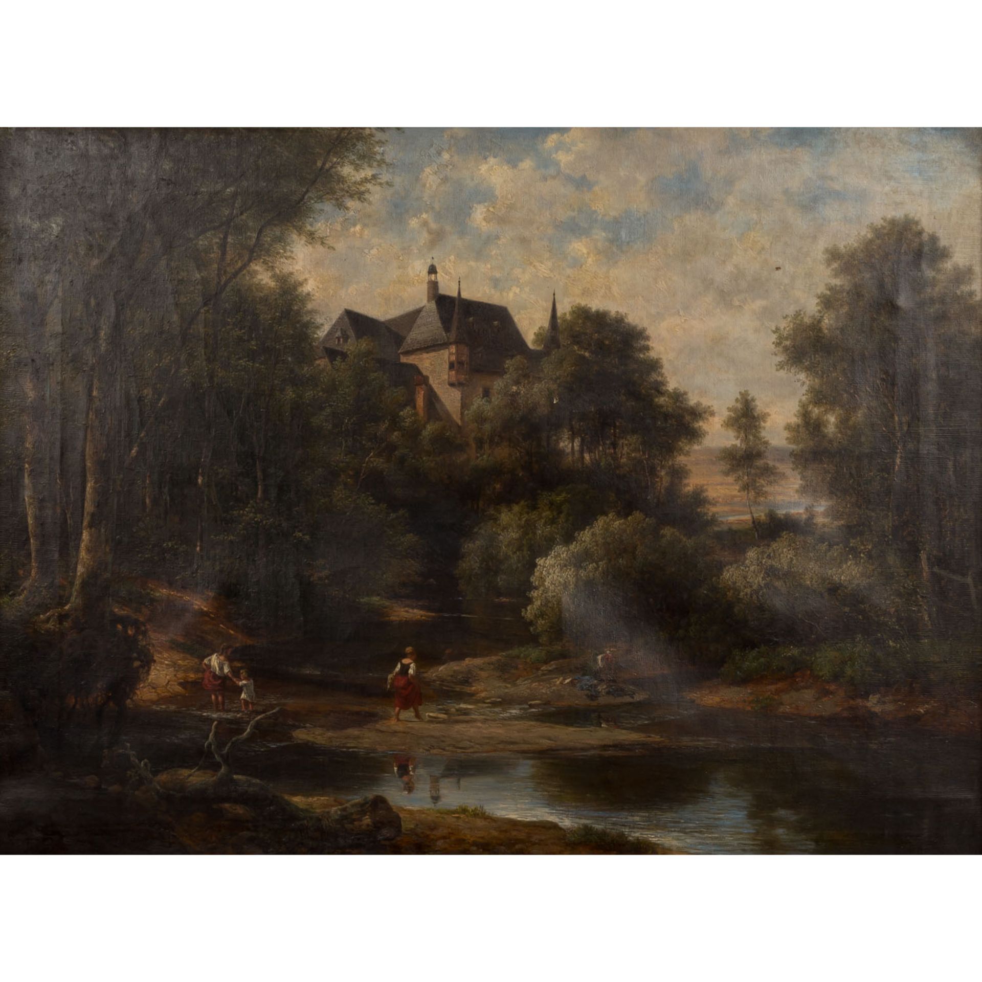 KIESSLING, FERDINAND (1810-1882), "Flusslandschaft mit Schloss am Waldrand",im Vordergrund junge