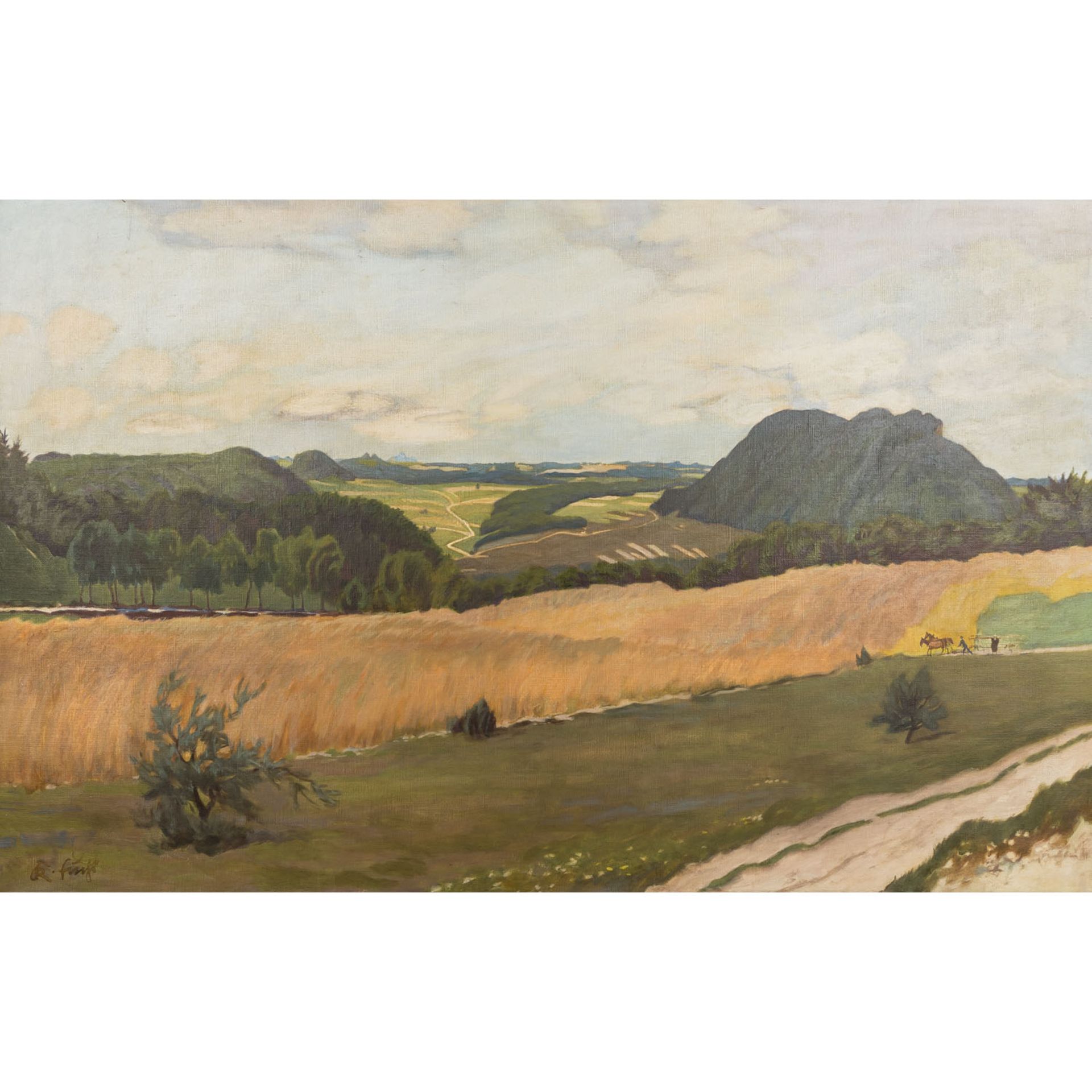 FUCHS, KARL (Stuttgart 1872-1968 Esslingen), "Schwäbische Sommerlandschaft",ein Bauer mit Pferden