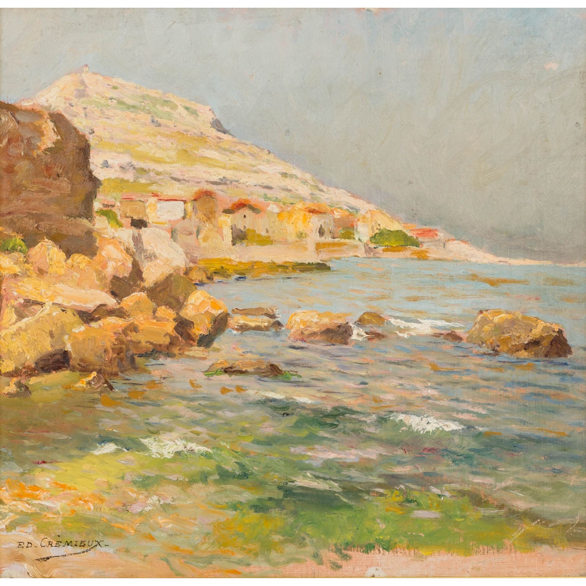 CREMIEUX, ÉDOUARD (1856-1944), "Südliche Felsenküste",mit kleinem Ort am Meeresufer, u.li. signiert,