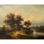 MALER/IN 19. Jh., "Romantische Landschaft mit Haus am Fluss",