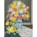 KÜNSTLER/IN 19./20. Jh.), "Frühlingsblumen in Delfter Vase",