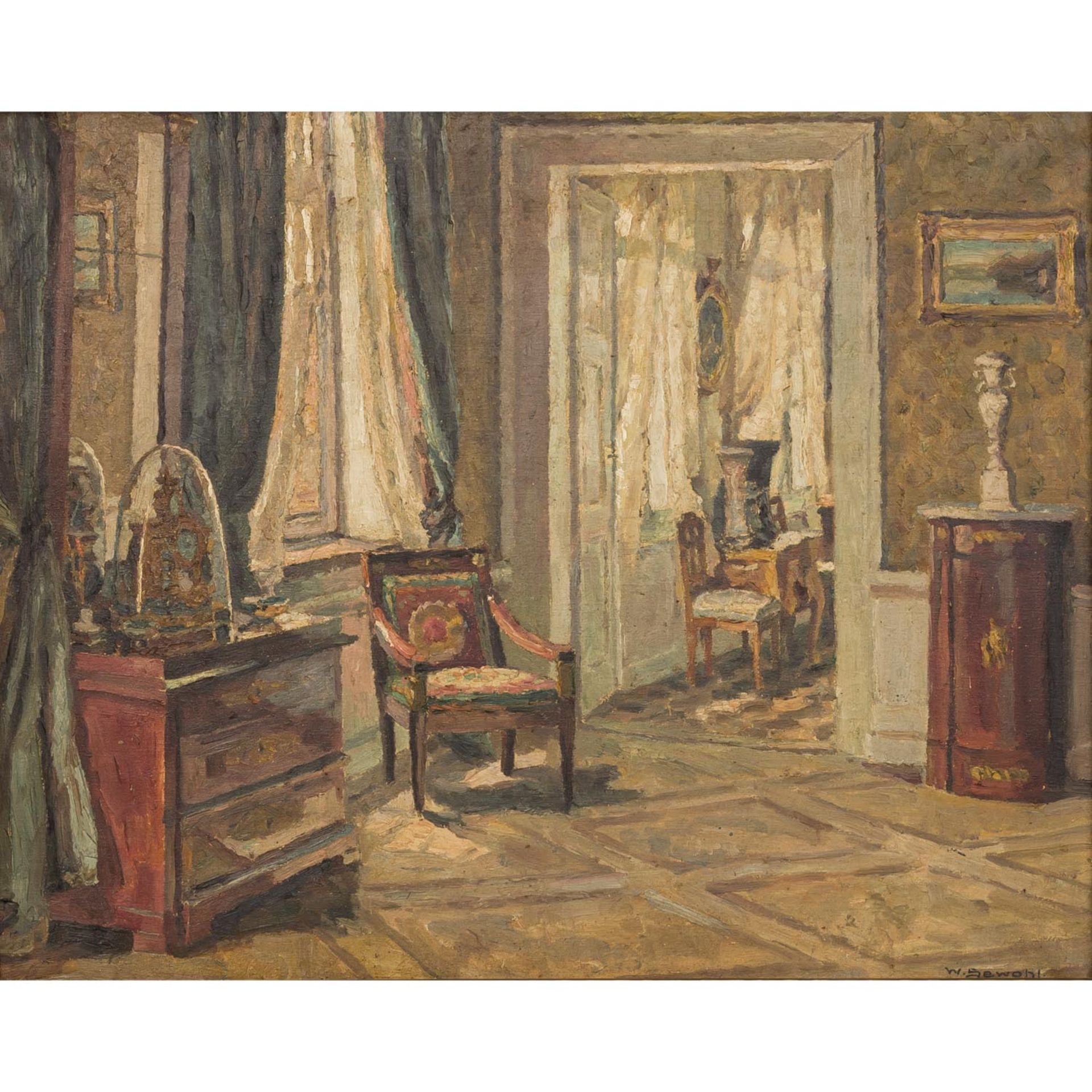 SEWOHL, WALDEMAR (Wismar 1887-1967/69 Berlin), "Schlossinterieur mit Mobiliar vor den Fenstern",u.