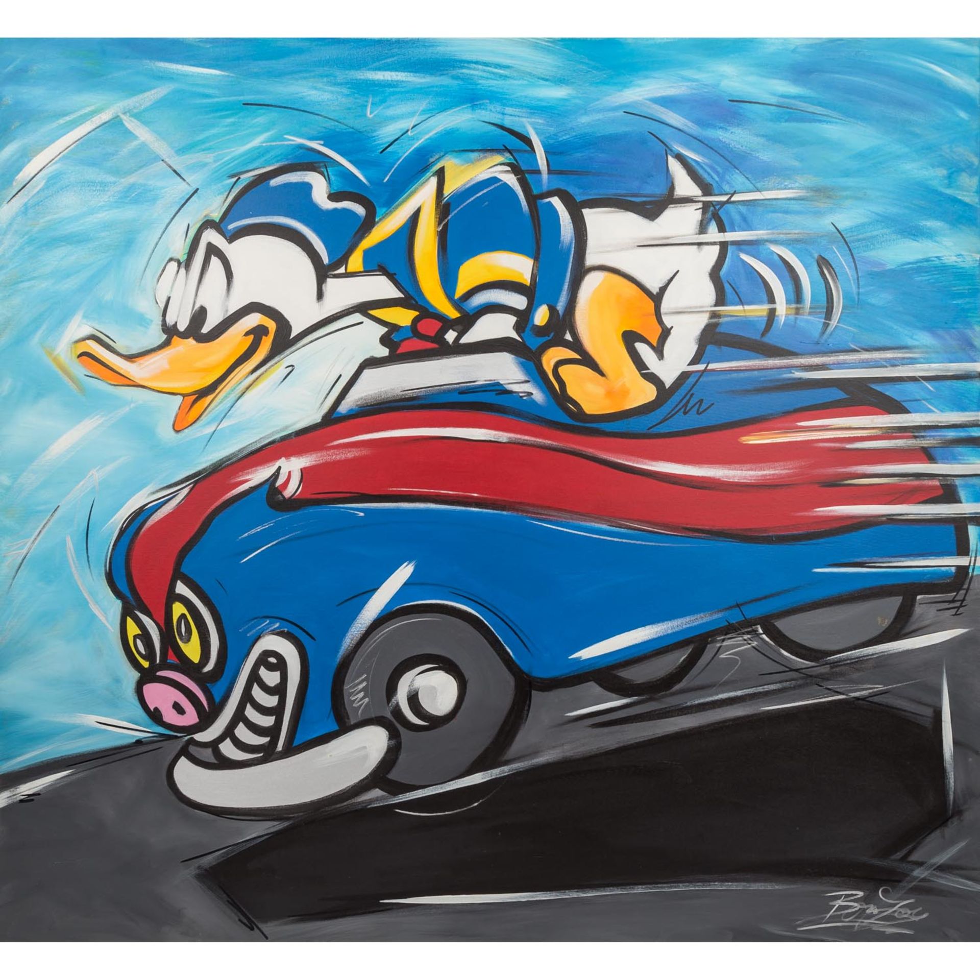 KÜNSTLER/IN 2. Hälfte 20. Jh., "Donald Duck, mit Auto rasend",