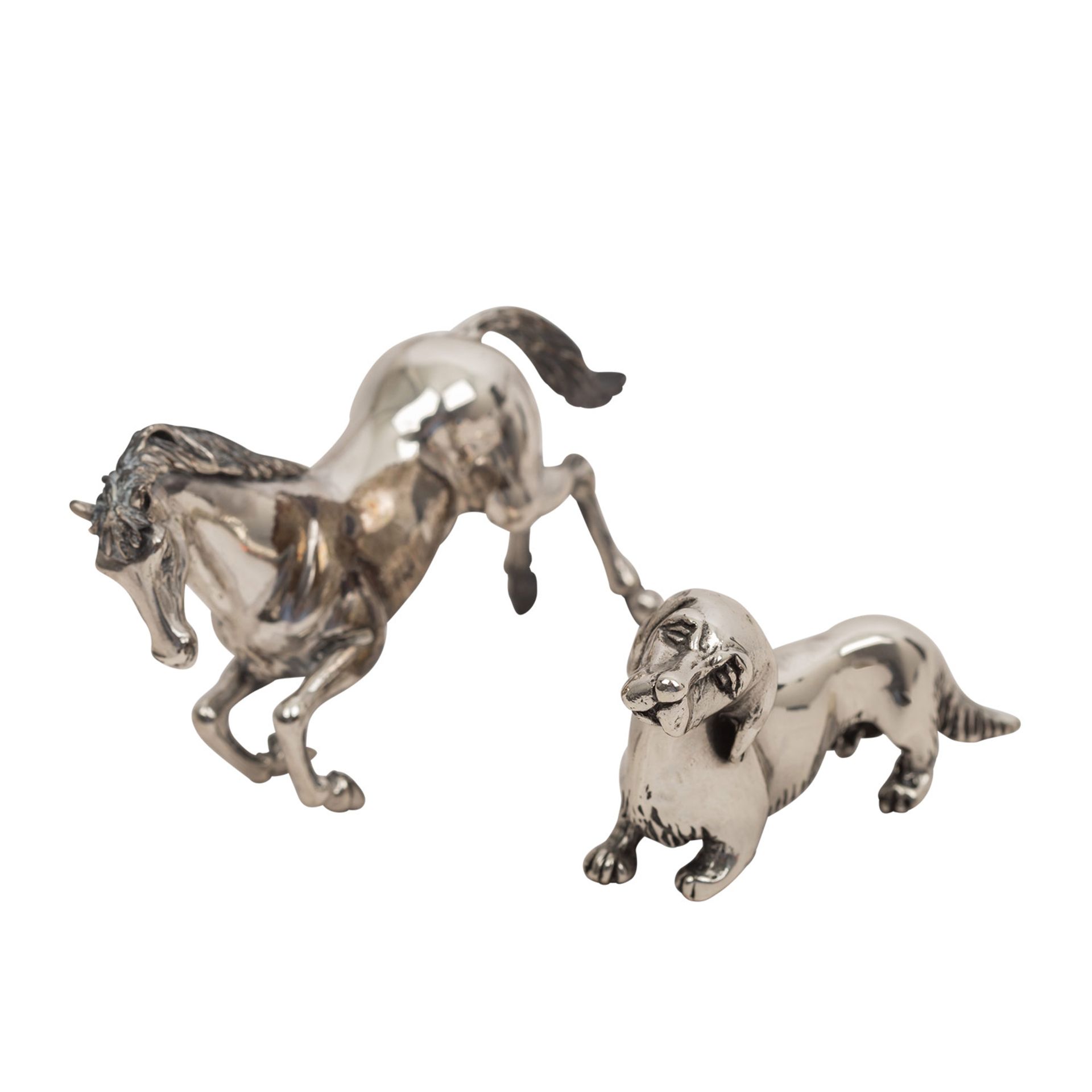 ZWEI MINIATUREN "Steigendes Pferd und Dackel"Silber, naturalistische Darstellung eines stehenden