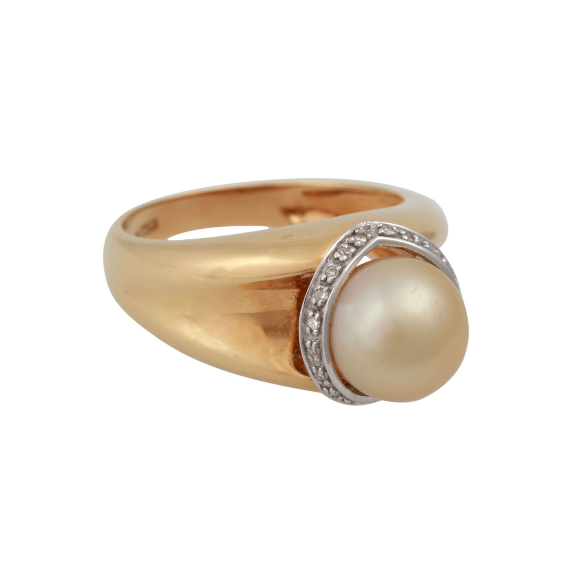 Ring mit goldfarbener Zuchtperlevon ca. 9,7 mm, kleine Diamanten, GG 18K, RW: 61, 20./21. Jh., - Bild 2 aus 4