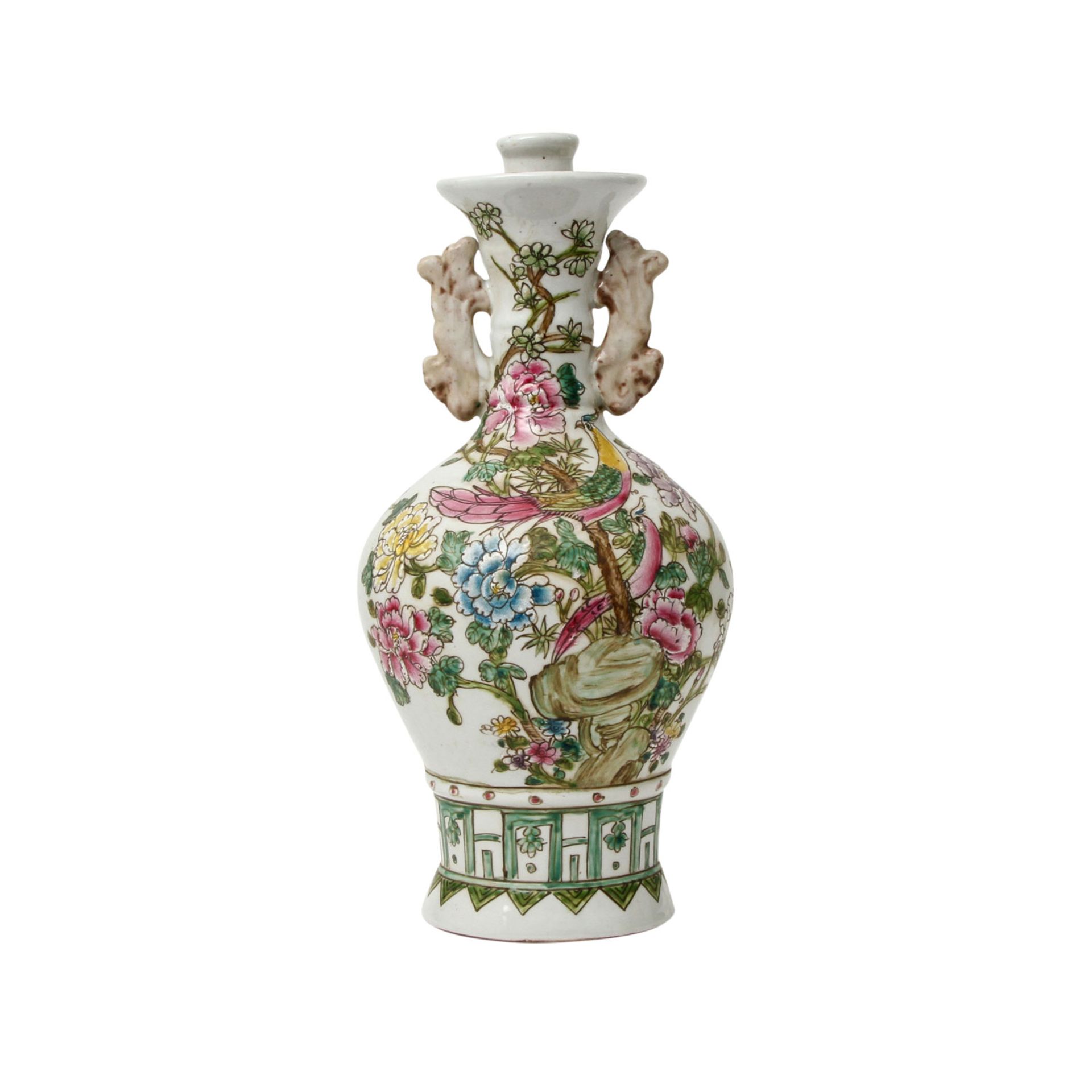 CHINA Vase, 20. Jhd.Keramik, heller Fond mit polychromer floraler und geometrischer Malerei, 2