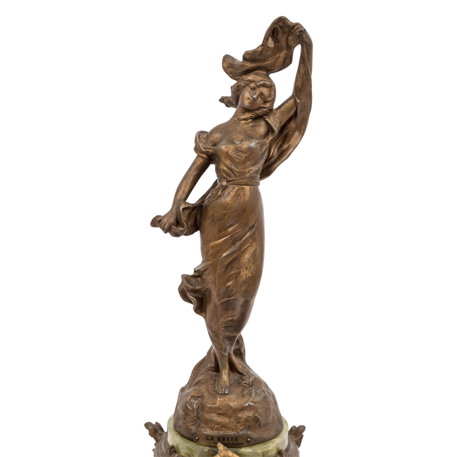 FIGURENPENDULE "LA BRISE"Frankreich, um 1900, Metallguss bronziert bzw. feuervergoldet und - Bild 2 aus 7