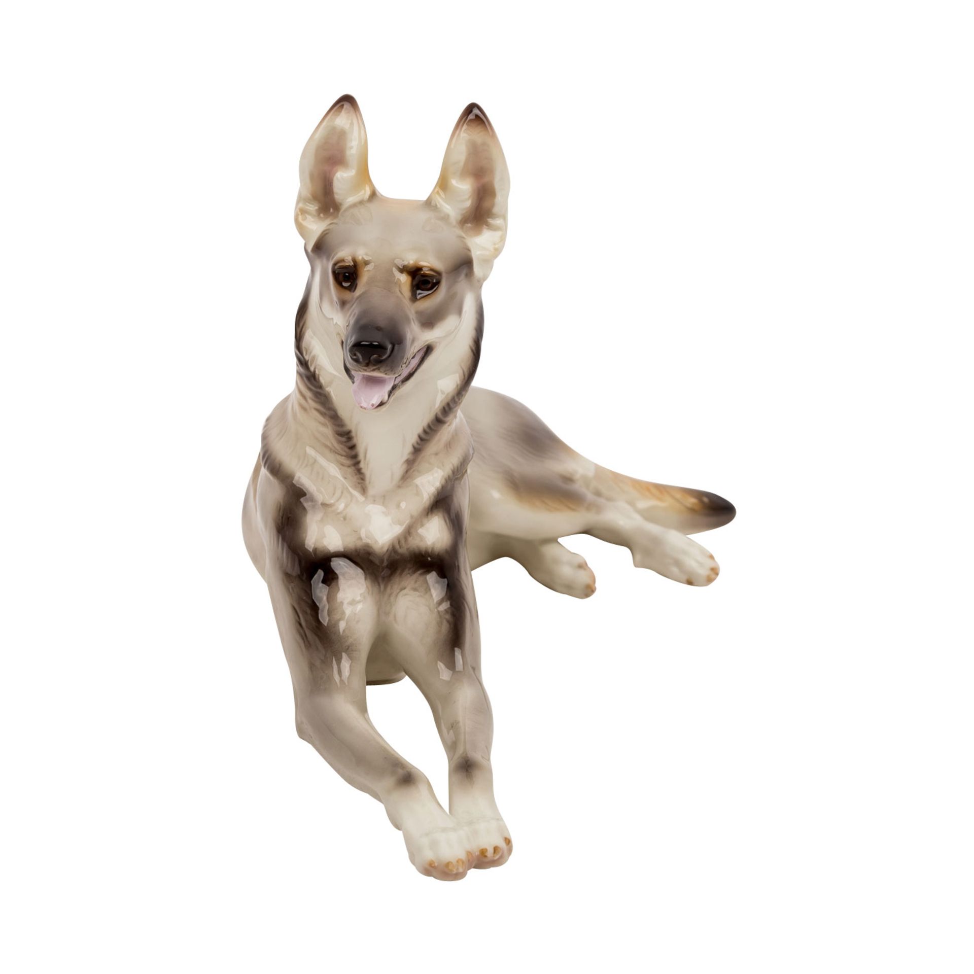 NYMPHENBURG, Porzellanfigur „Schäferhund“Entwurf Theodor Kärner, liegender Schäferhund mit erhobenem - Bild 4 aus 5