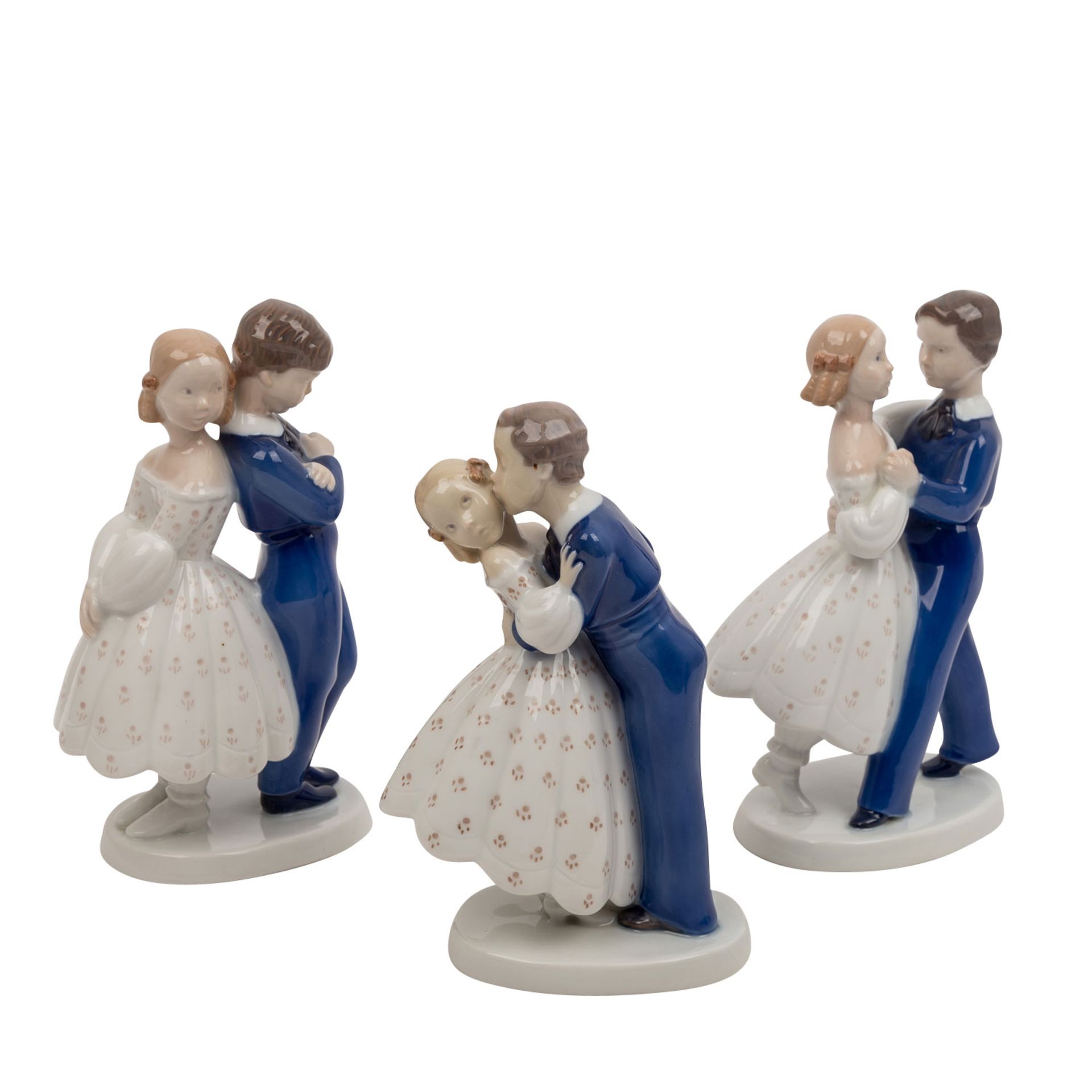 BING & GRÖNDAHL, drei Porzellanfiguren, „Wiener Walzer“, „Der erste Kuss“, „Entschuldigung“2. Hälfte