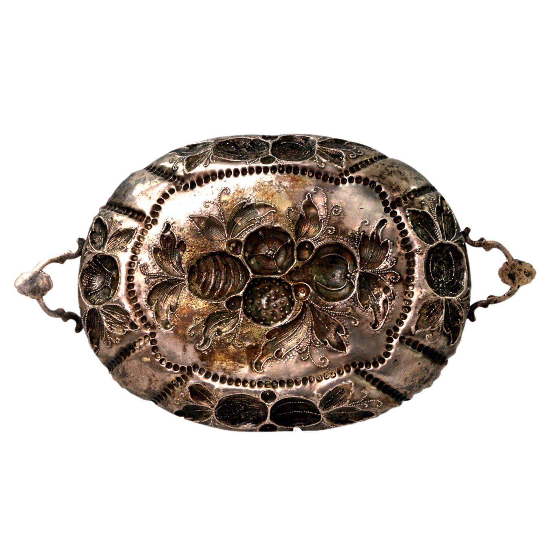 DEUTSCH Henkelschale, Silber, wohl 17./18. Jh. ovale Form mit Perl- und Früchtedekor, Handhaben - Bild 6 aus 6