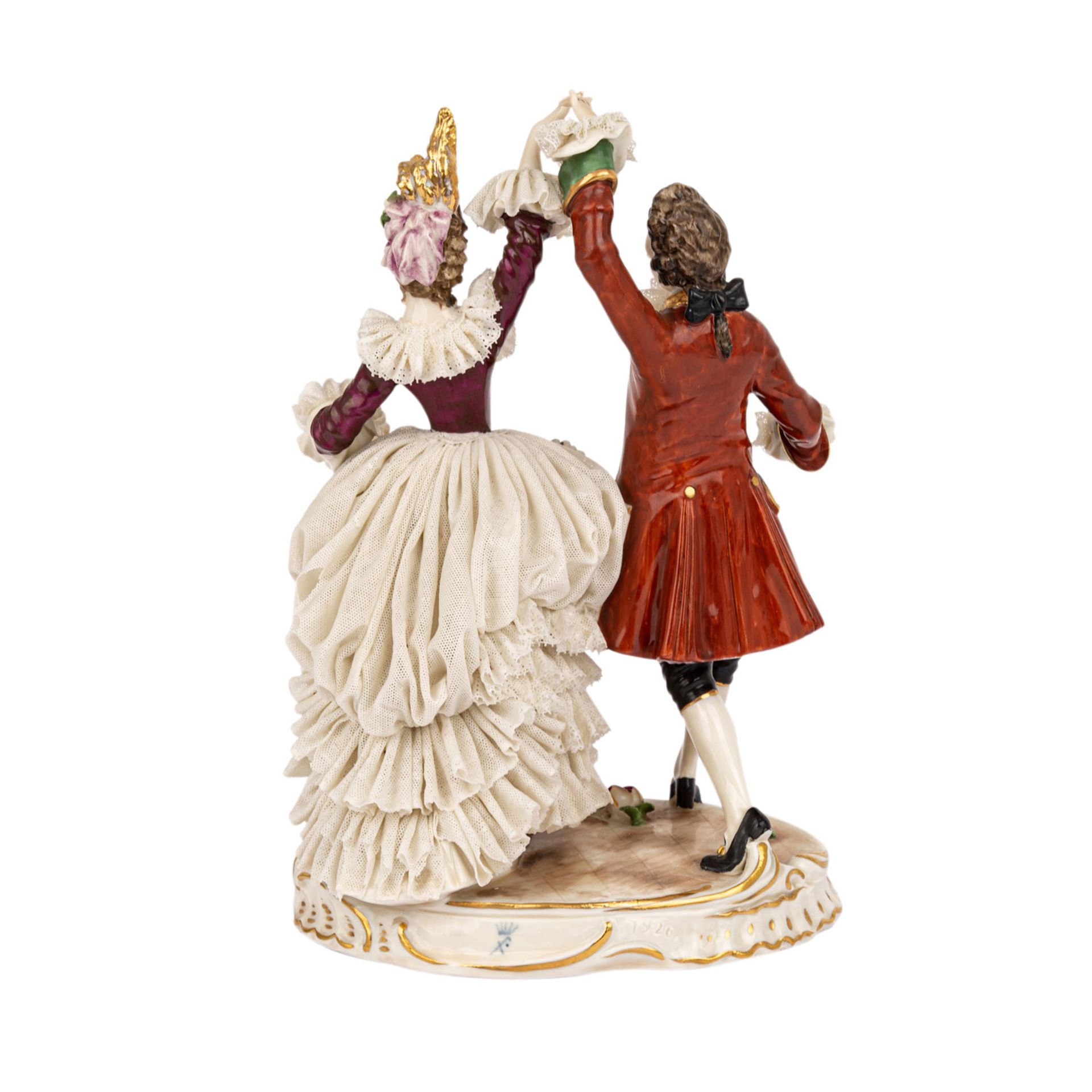 Figurengruppe 'Galantes Paar', 20. Jh. Tanzendes Paar in barocker Kleidung auf ovalem Sockel - Bild 3 aus 4
