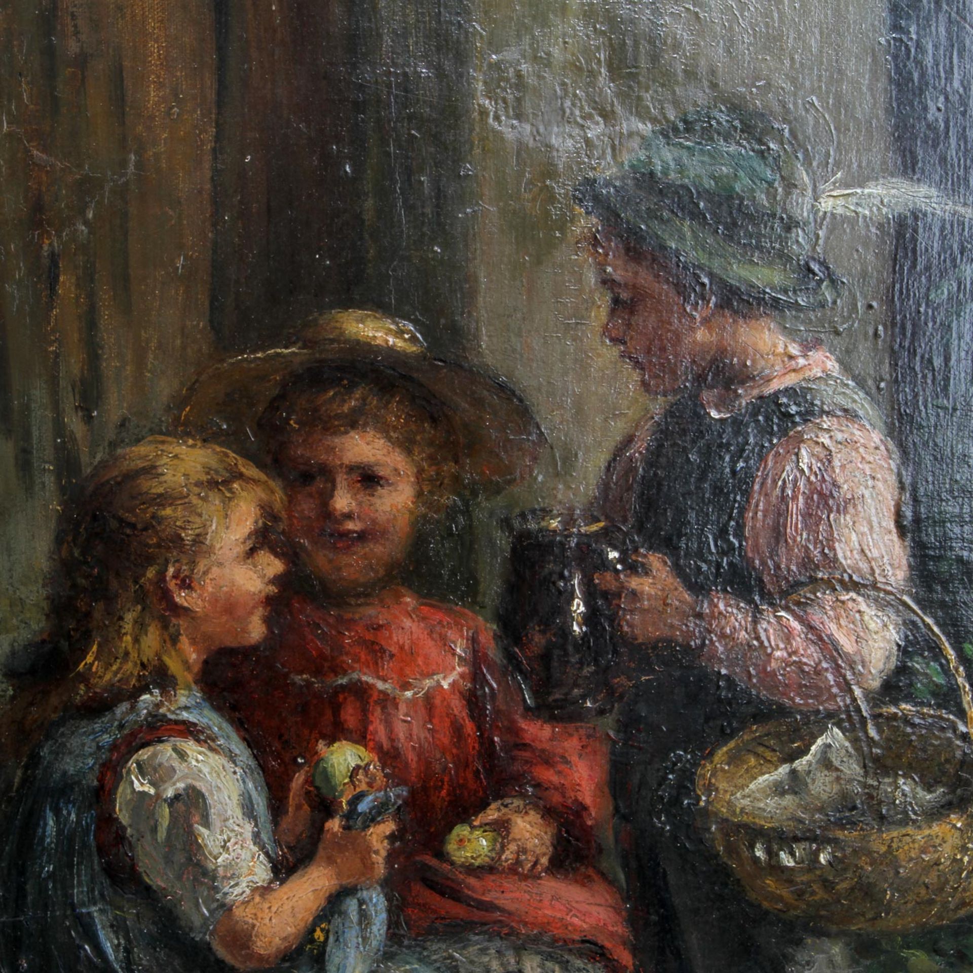 PETERS, PIETRONELLA (Stuttgart 1848-1924), "Drei Kinder vor dem Haus", zwei Mädchen auf einer Bank - Bild 4 aus 6