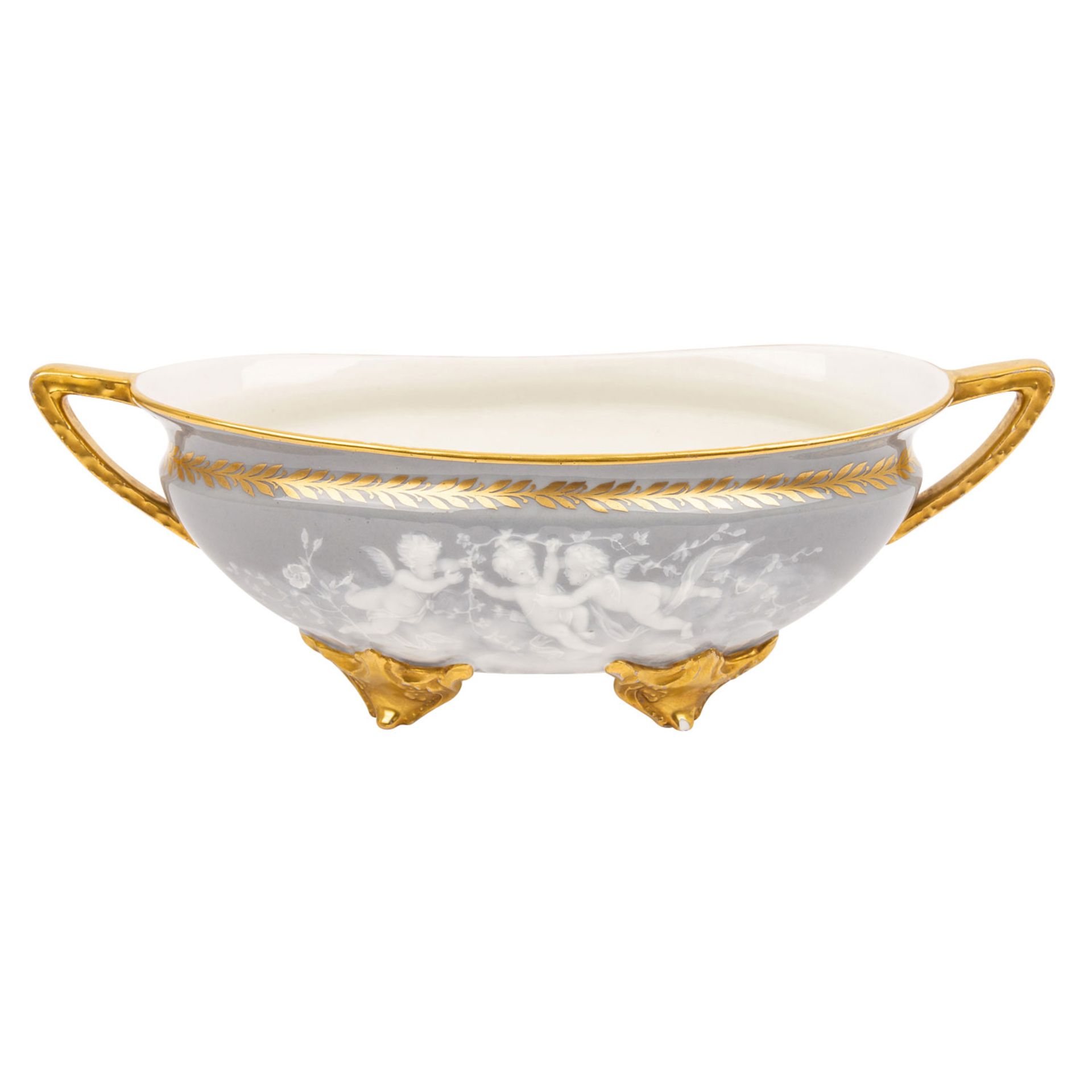 LIMOGES Jardinière, frühes 20. Jhd. Ovale Form mit Henkeln auf 4 Füßen, grauer goldstaffierter Fond - Bild 4 aus 7