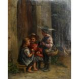 PETERS, PIETRONELLA (Stuttgart 1848-1924), "Drei Kinder vor dem Haus", zwei Mädchen auf einer Bank