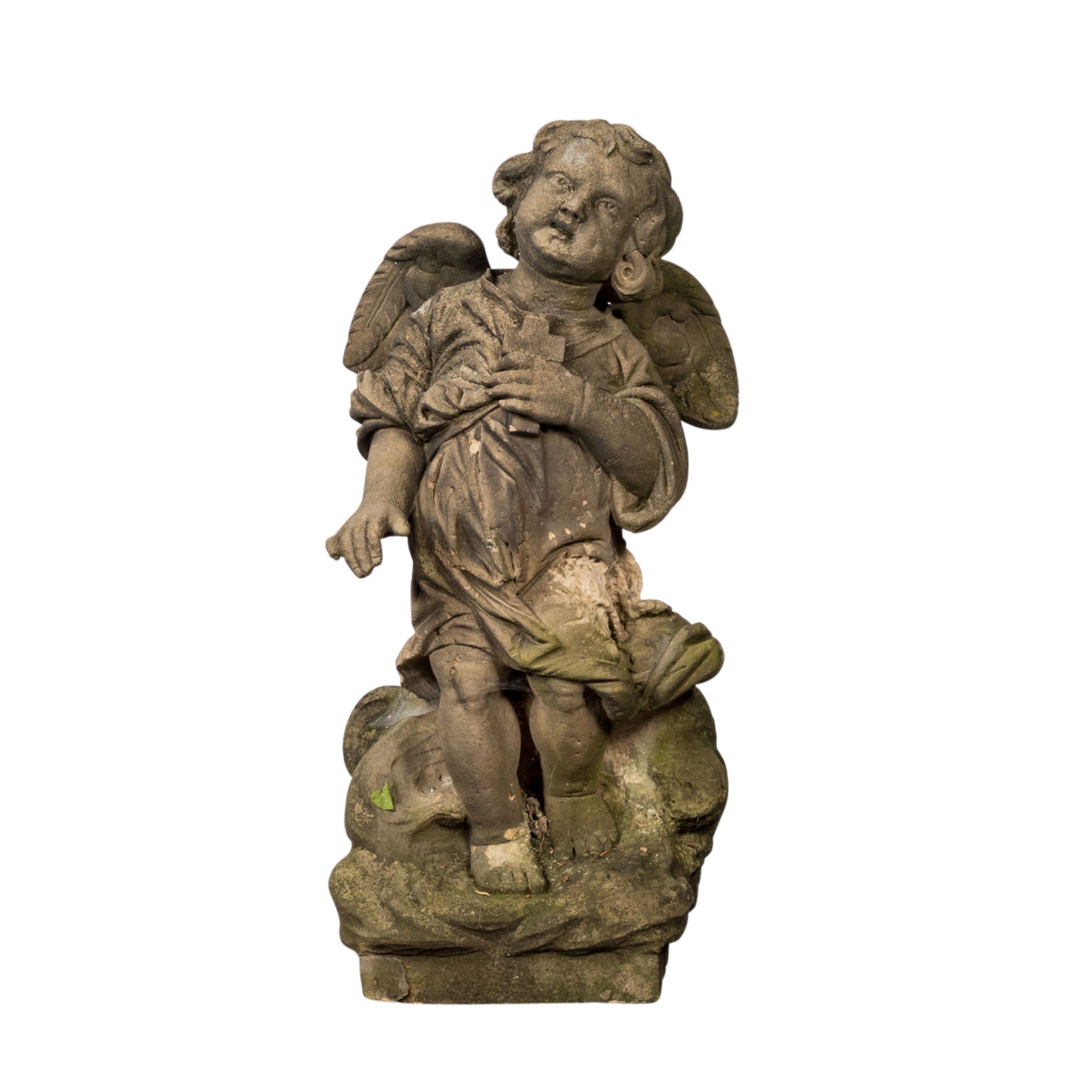 GARTENFIGUR ENGEL 19./20. Jh., Stein, H: ca. 76 cm. Witterungsspuren. GARDEN FIGURE ANGEL 19th/20th - Bild 2 aus 5