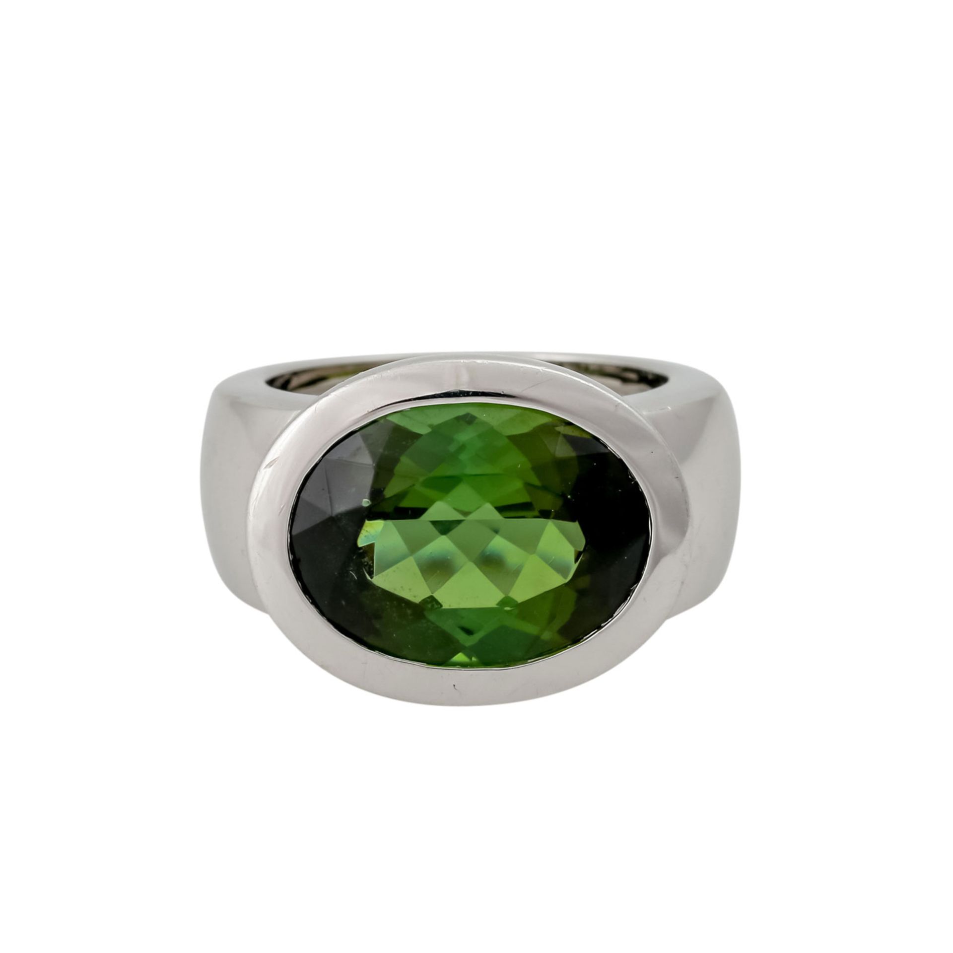 Ring mit Verdelith (grüner Turmalin) von ca. 8 ct, oval facettiert, quer gefasst in Zarge, WG 18K, - Bild 2 aus 6