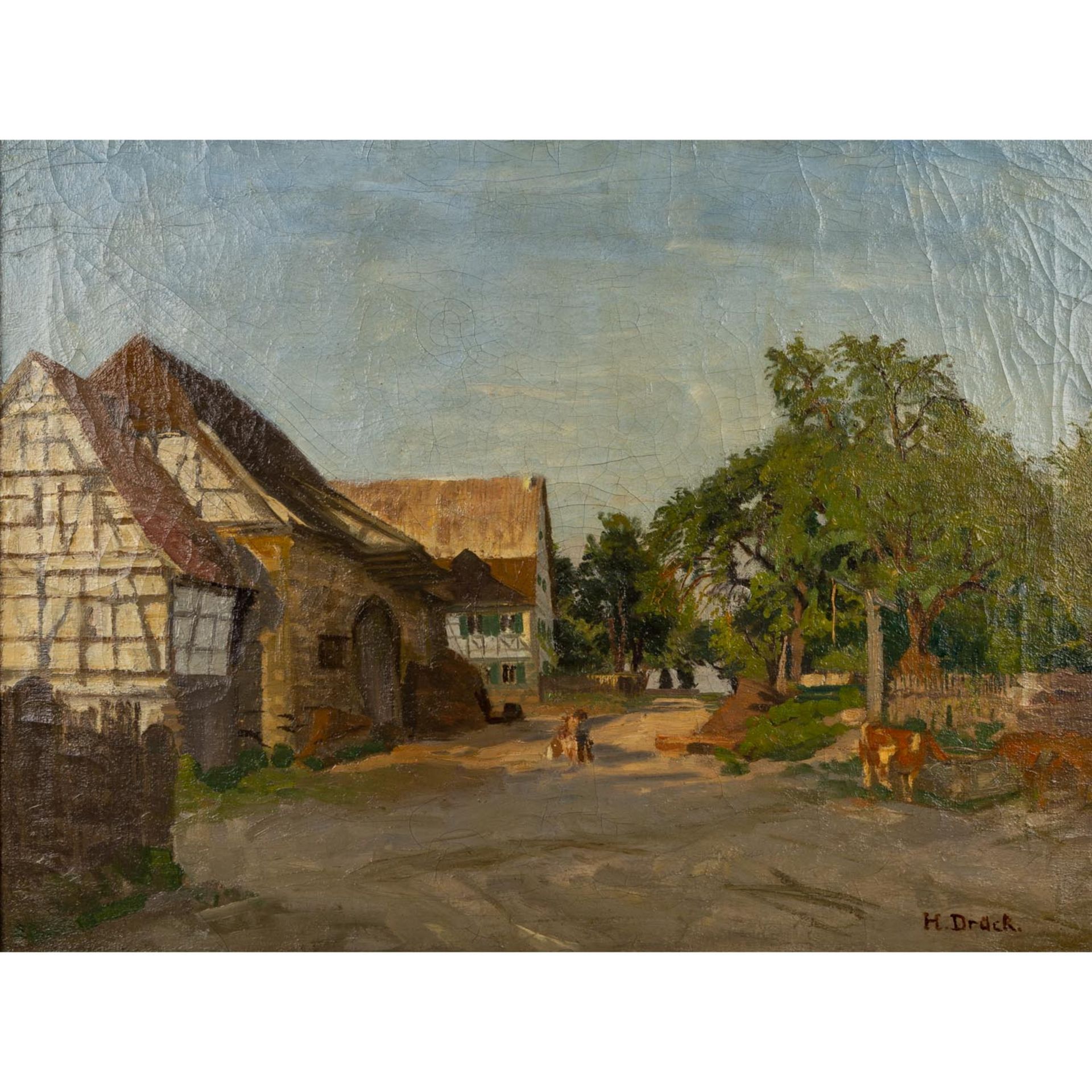 DRÜCK, HERMANN (Vaihingen/Enz 1856-1931), "Fachwerkhäuser an einem Dorfanger", in