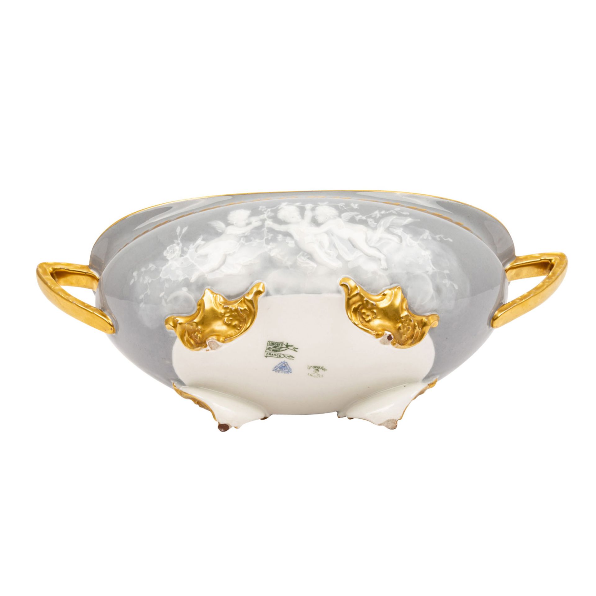 LIMOGES Jardinière, frühes 20. Jhd. Ovale Form mit Henkeln auf 4 Füßen, grauer goldstaffierter Fond - Bild 7 aus 7