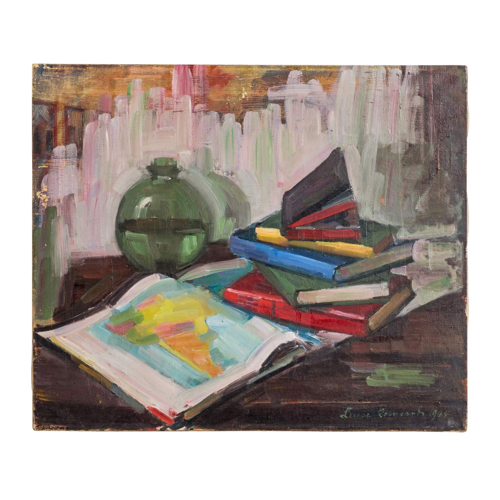 KORNSAND, LUISE (1876-1962), "Stillleben mit grüner Glasvase und Büchern", u.re. signiert und