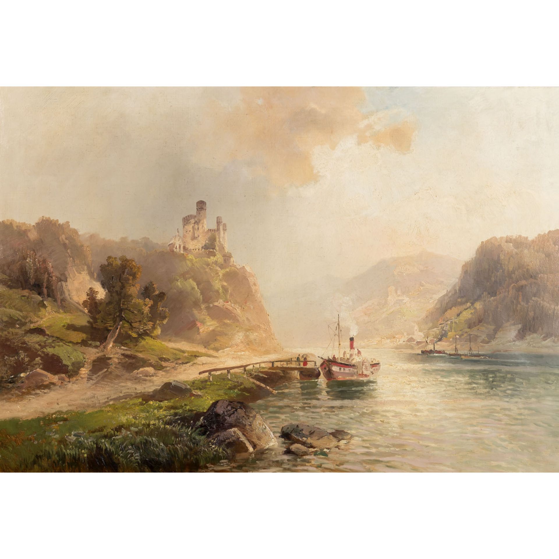 MALER DES 19.JH. "Dampfer vor Burg Rheinstein" Öl auf Leinwand, unsigniert, HxB: 65/95 cm, gerahmt,