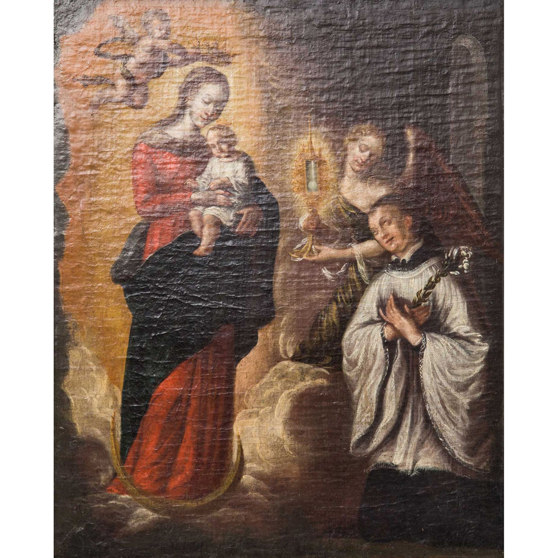 MALER des 18. Jh., "Anbetung der Maria mit Christuskind durch den Heiligen Antonius", linkseitig