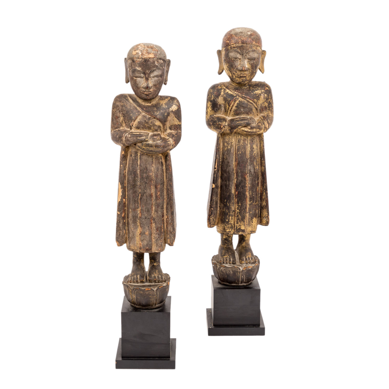 Paar stehende Mönche. BURMA, SHAN-PERIODE, (14.-19.Jahrhundert ) Holz, reste von Vergoldung, - Bild 2 aus 5