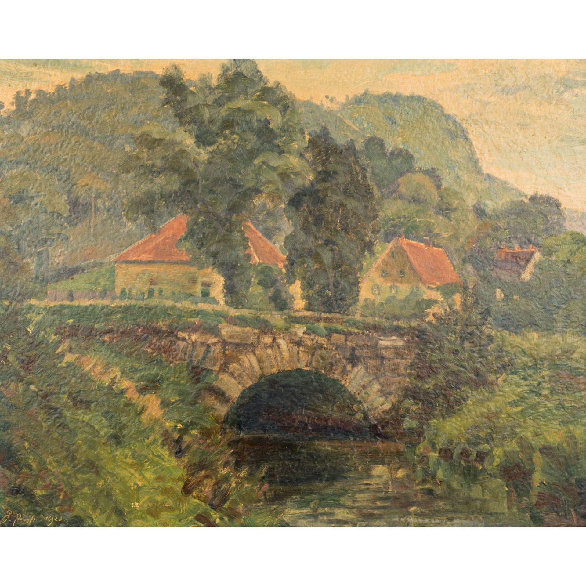 MALER DES 20. JH., "Flusspartie mit Steinbrücke" Öl auf Platte, undeutlich signiert und dat."1923",