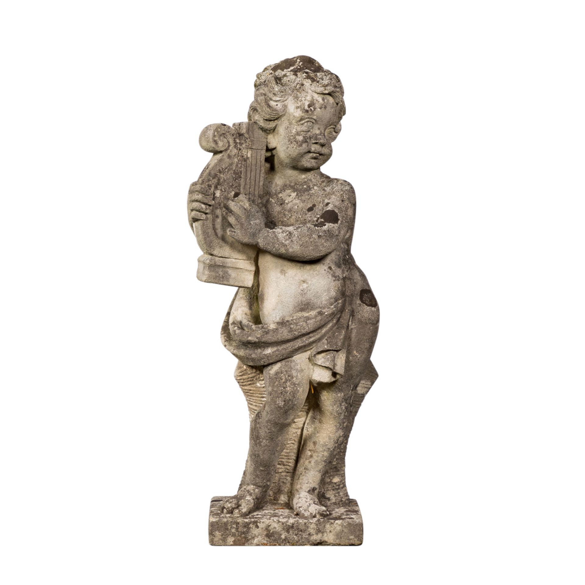 GARTENFIGUR PUTTO 19./20. Jh., Stein, Putto mit Harfe, H: ca. 85 cm. Witterungsspuren. GARDEN - Image 2 of 5