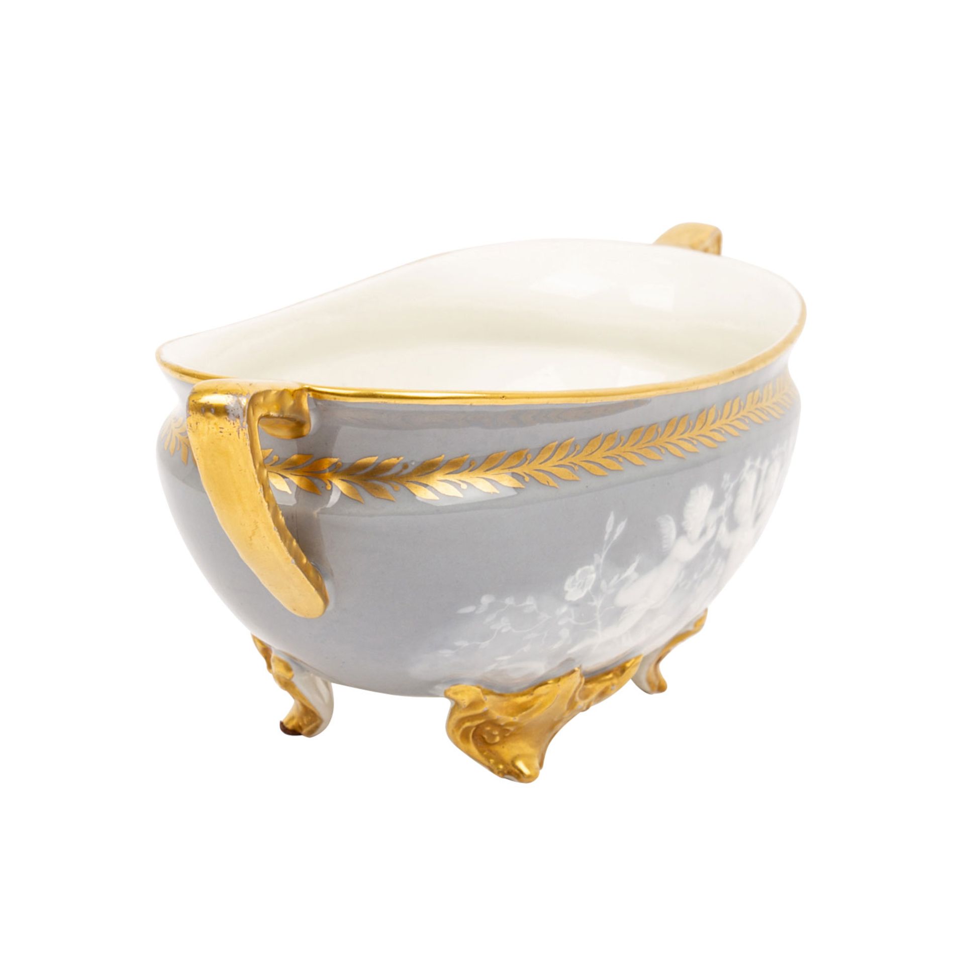 LIMOGES Jardinière, frühes 20. Jhd. Ovale Form mit Henkeln auf 4 Füßen, grauer goldstaffierter Fond - Bild 5 aus 7