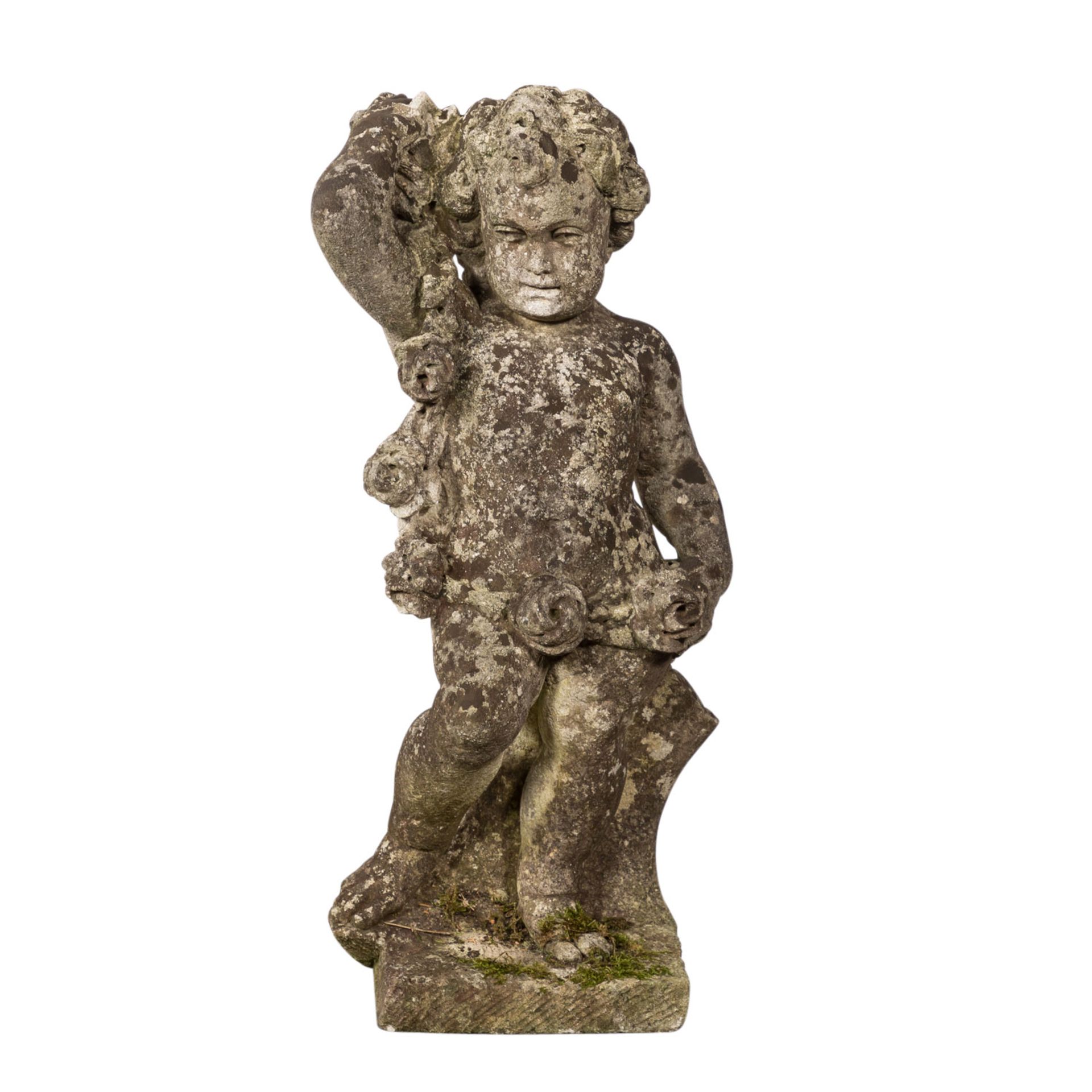 GARTENFIGUR PUTTO 19./20. Jh., Stein, Putto mit Blumengirlande, H: ca. 73 cm. Witterungsspuren. - Bild 2 aus 5