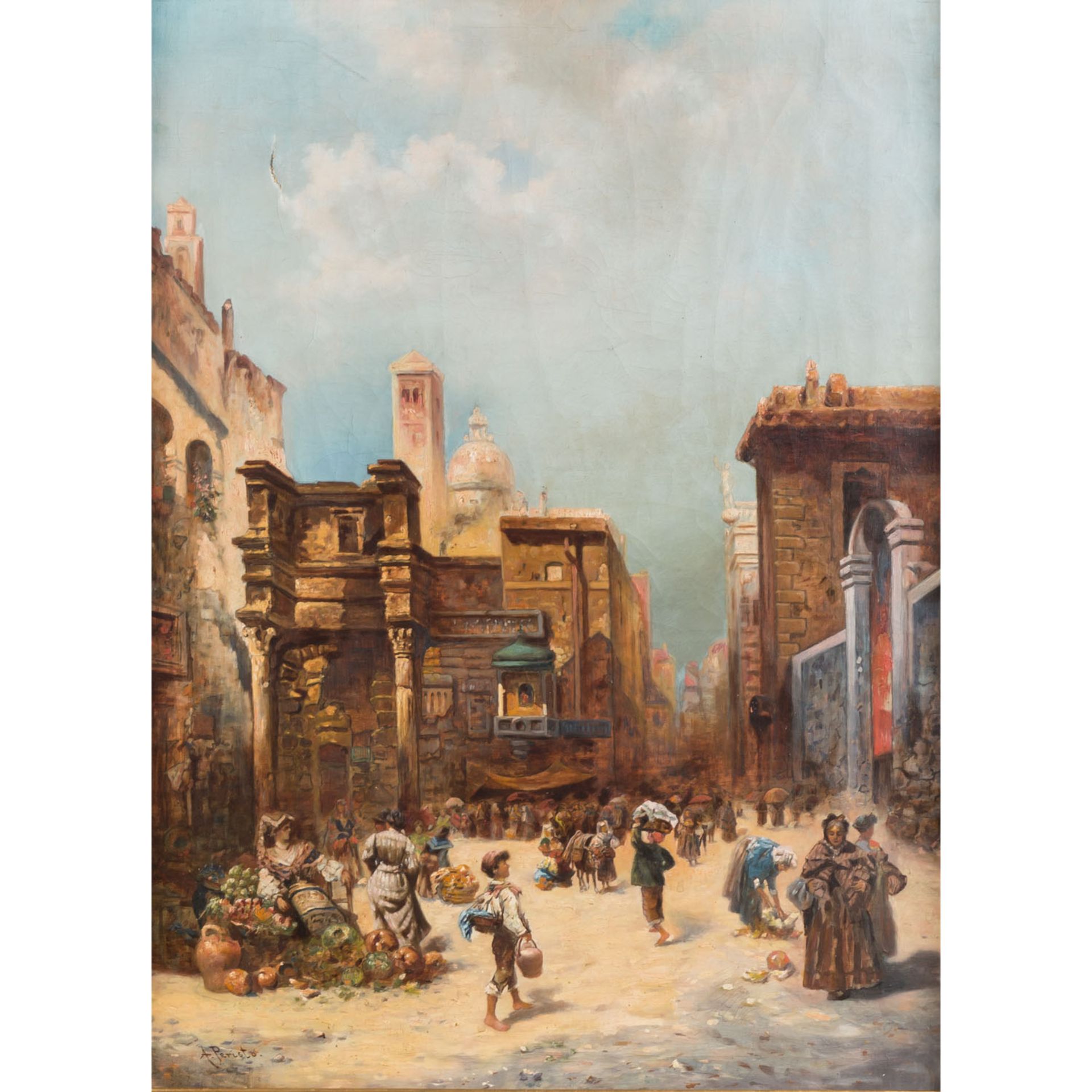 PERISTO, A. (Maler/in 19./20. Jh.), "Venedig", belebte Straßenszene mit Marktständen, u.li.