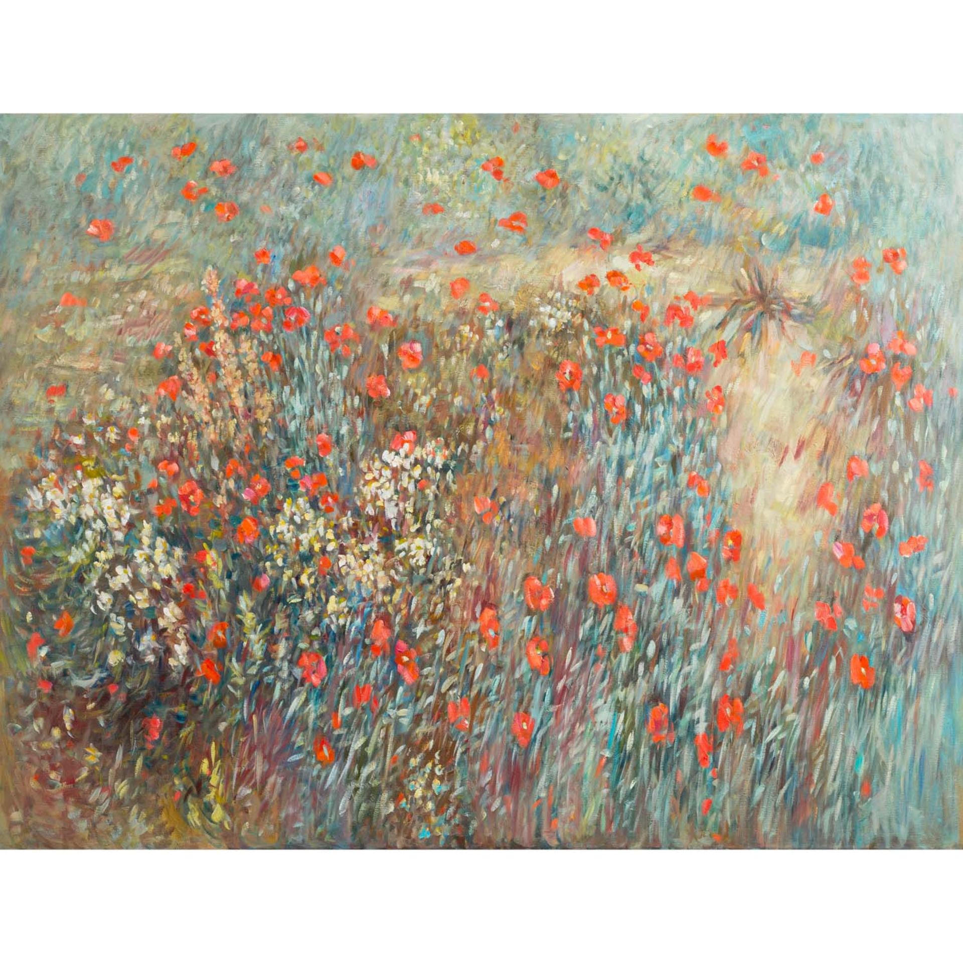 SCHUNTER, PETER (geb. 1939 Göppingen), "Rosen im Regen", Wiesenstück mit blühenden Blumen, auf der