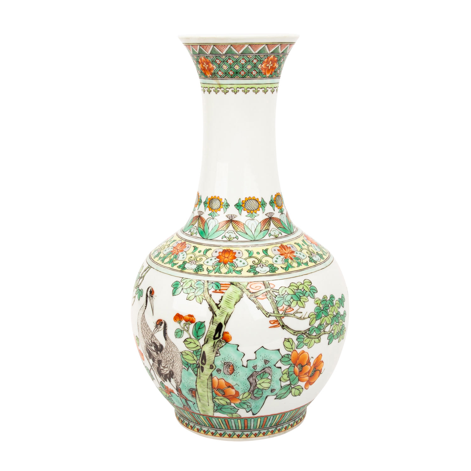 Langhalsvase mit famille verte-Malerei. CHINA, 20. Jh.. Kugelige Vase mit hohem Hals, dekoriert in