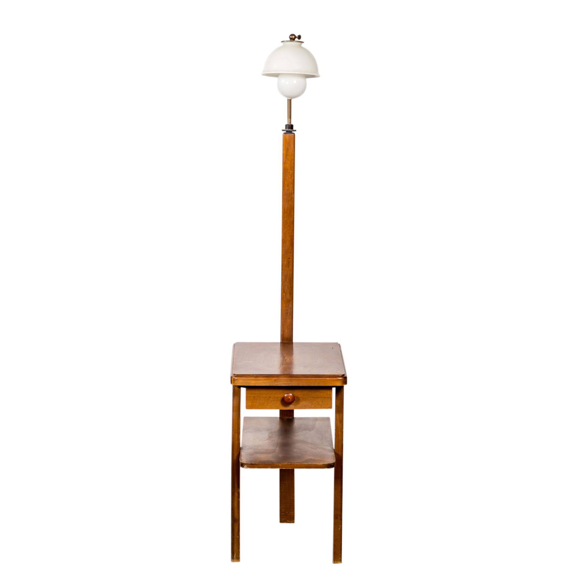 KURIOSER BEISTELLTISCH 60er Jahre, Holz, Tisch mit einer Schublade, höhenverstellbarer Lampenfuß, - Bild 2 aus 4