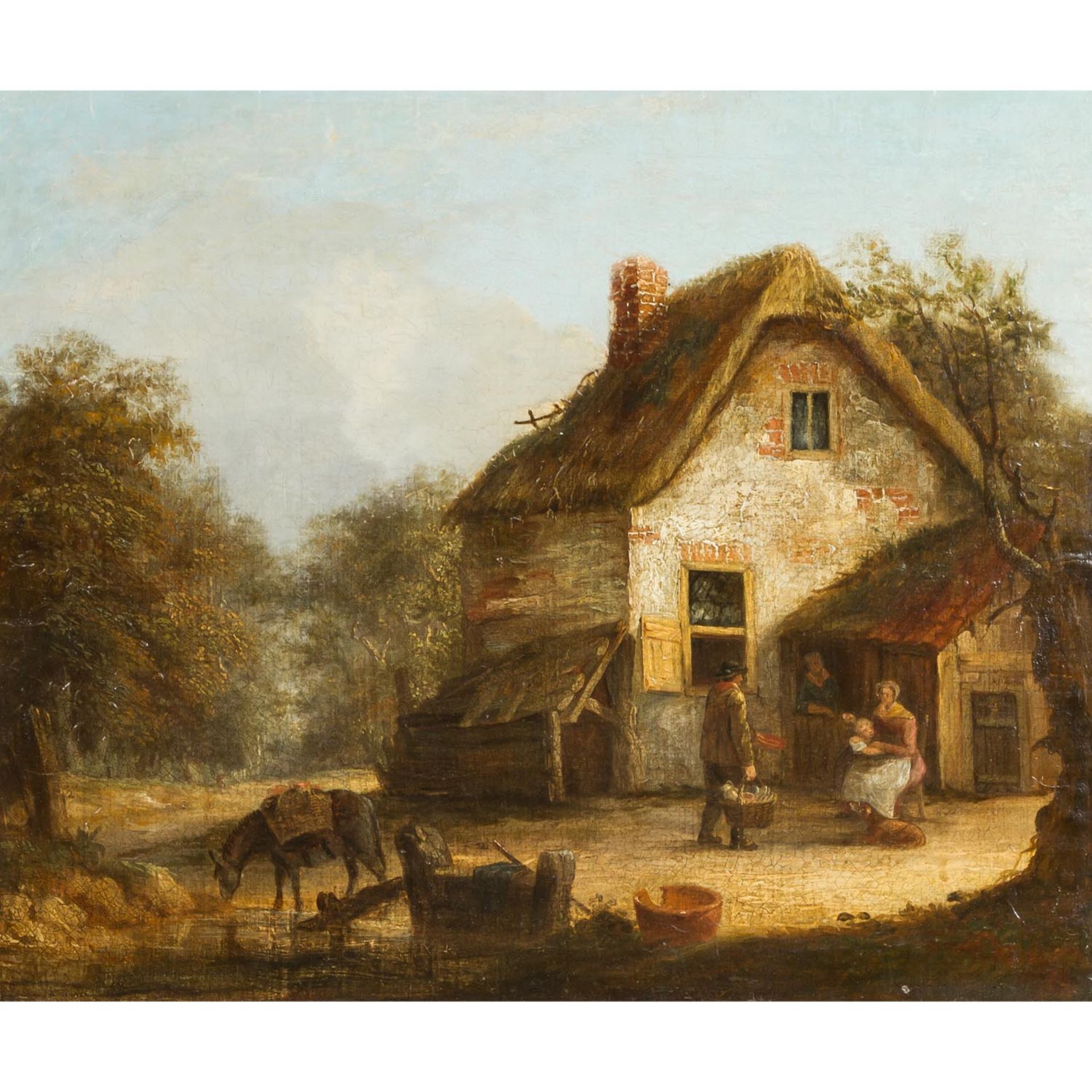 MALER/IN 18./19. Jh., "Bauernfamilie vor reetgedecktem Haus", seitlich ein Esel an der Tränke,