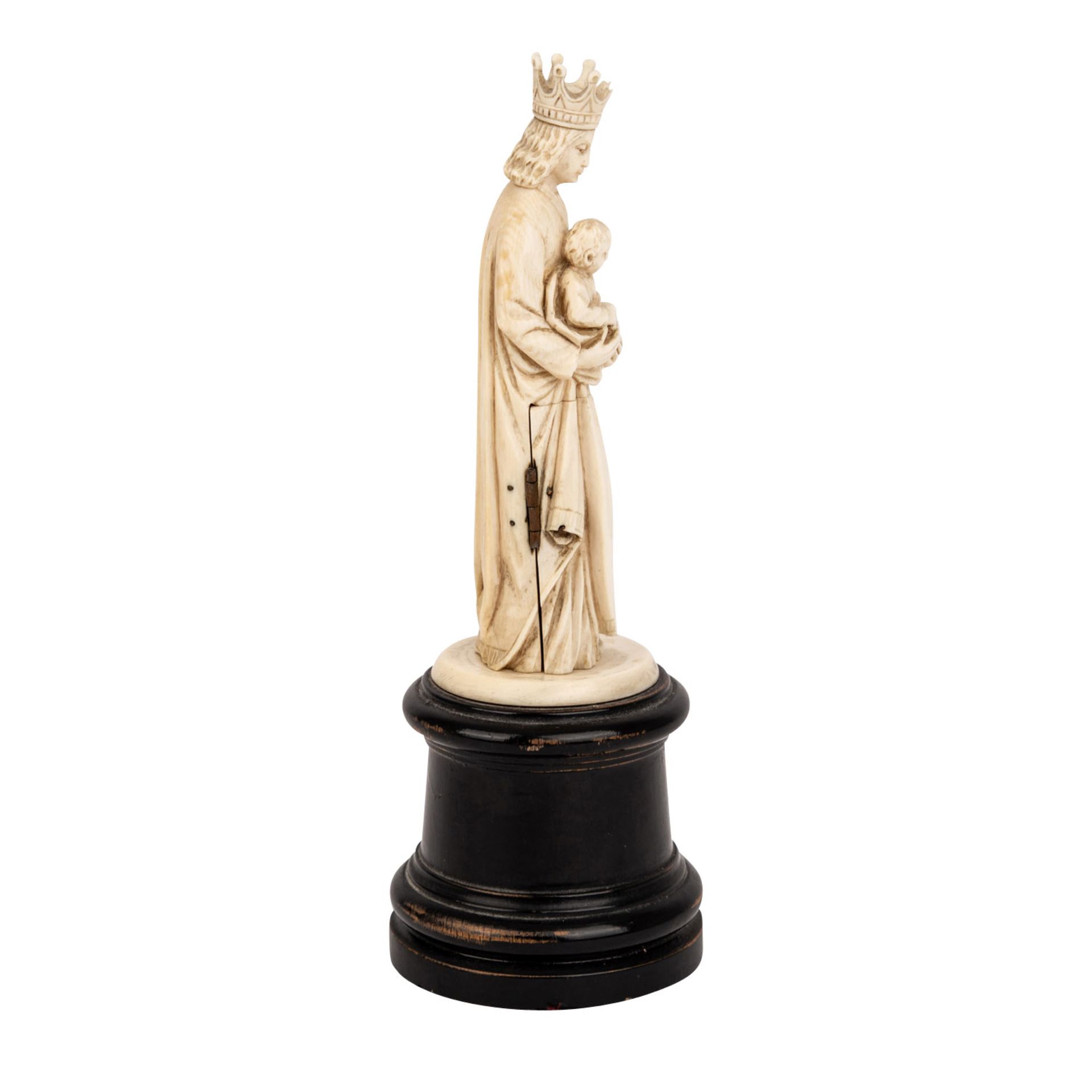 Gottesmutter-Miniatur aus Elfenbein, 19. Jh.. Die untere Figurenhälfte ist mit Scharnieren zum - Image 4 of 6