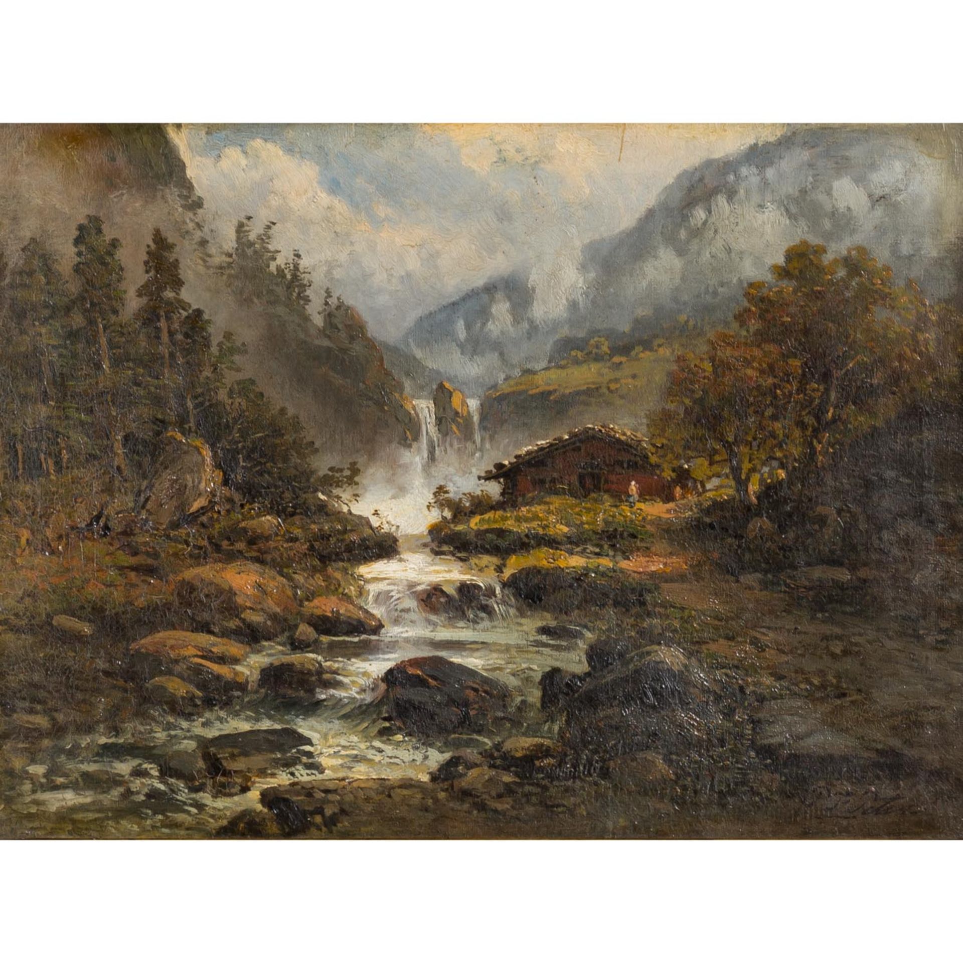 PETERS, PIETER FRANCIS (Nymwegen 1818-1903 Stuttgart), "Hütte am Wildbach im Gebirge", mit Person