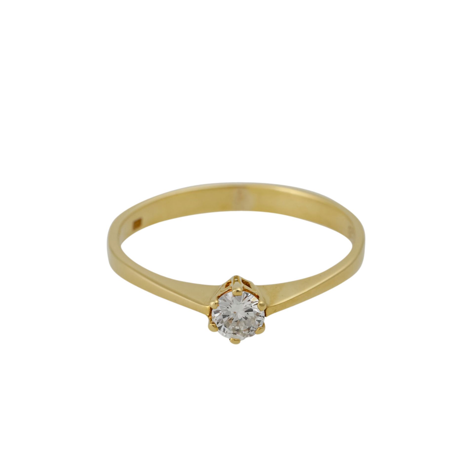 Solitärring mit Brillant von ca. 0,2 ct, ca. WEISS (H)/SI (graviert), GG 14K, RW: 53, 2. H. 20. - Image 2 of 4