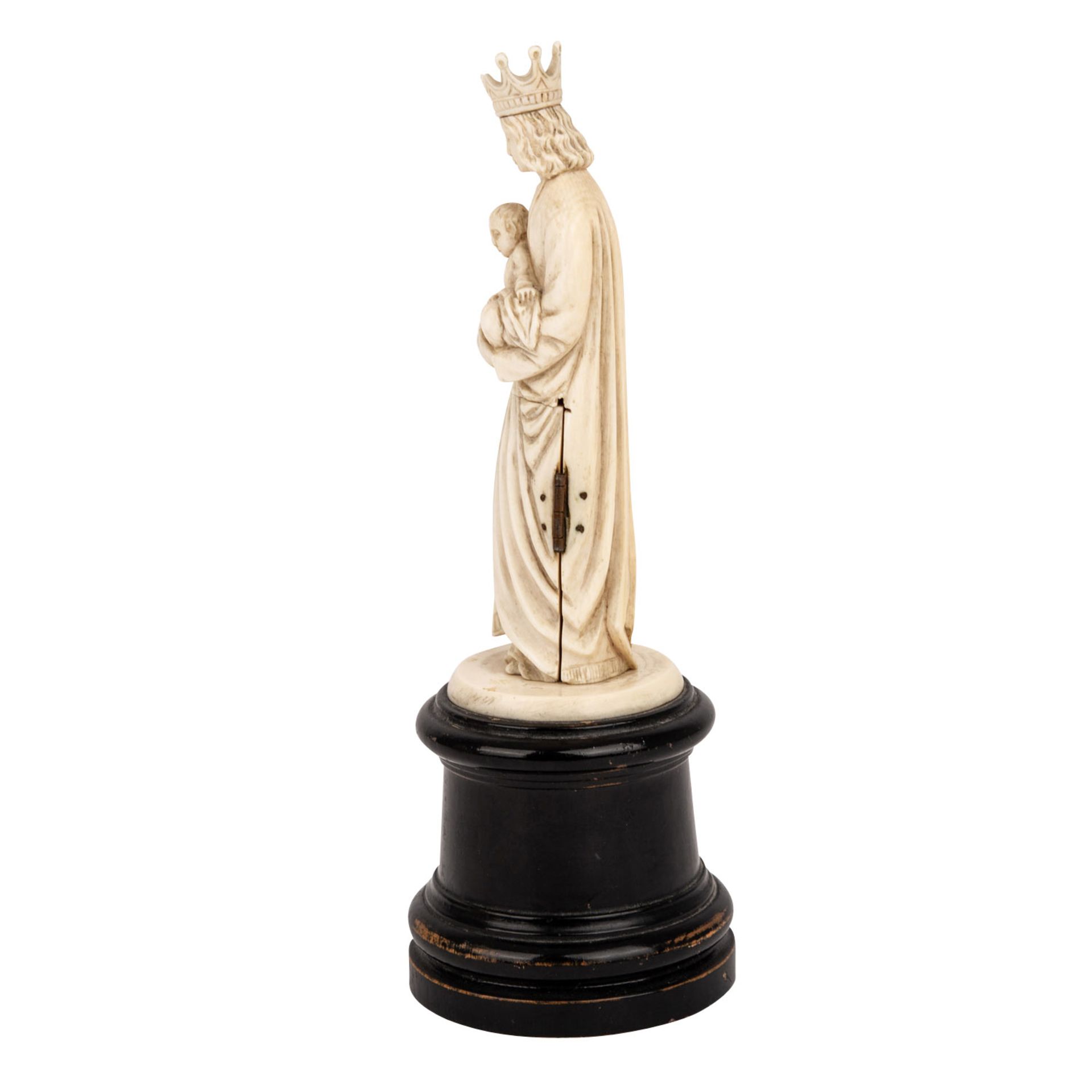 Gottesmutter-Miniatur aus Elfenbein, 19. Jh.. Die untere Figurenhälfte ist mit Scharnieren zum - Image 2 of 6