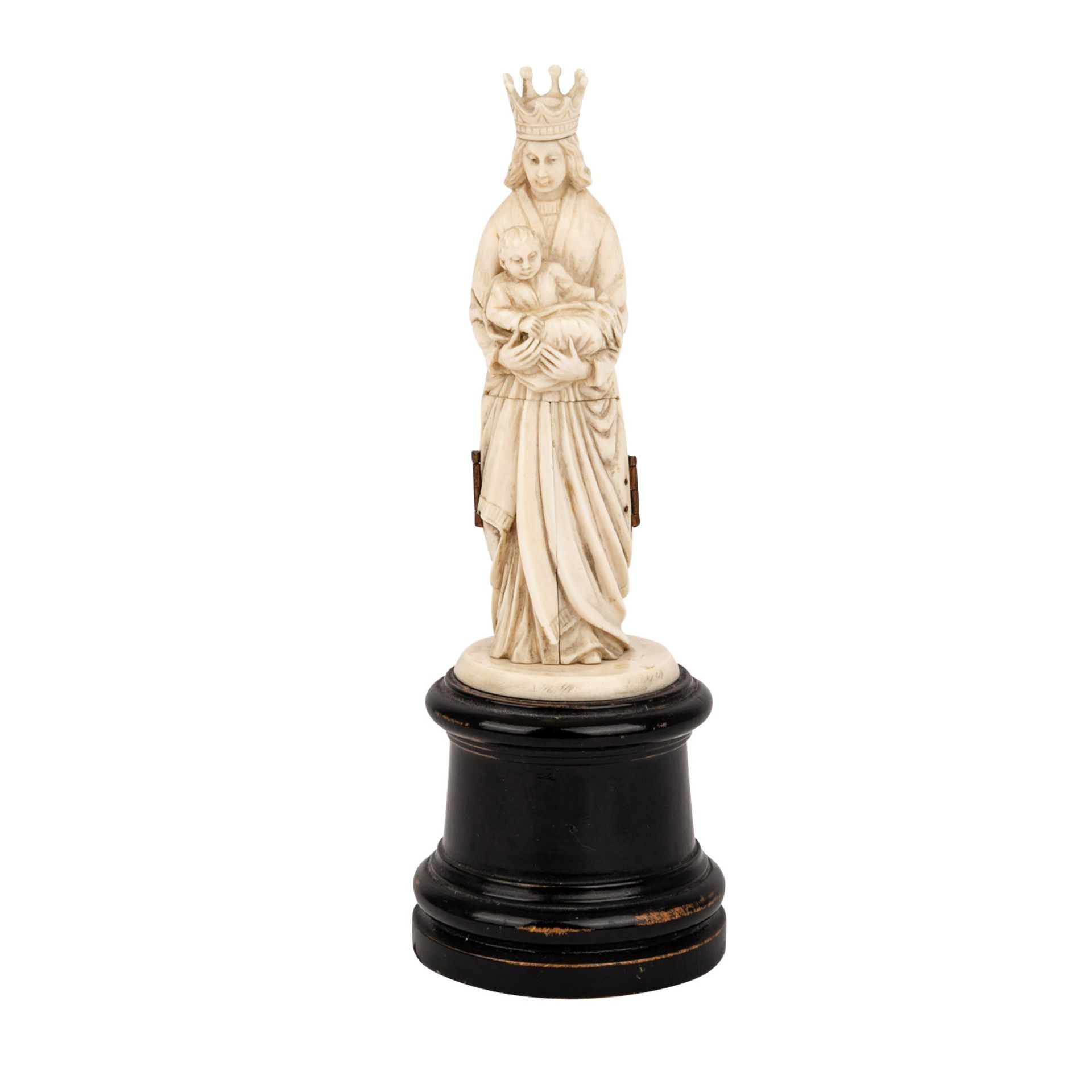 Gottesmutter-Miniatur aus Elfenbein, 19. Jh.. Die untere Figurenhälfte ist mit Scharnieren zum