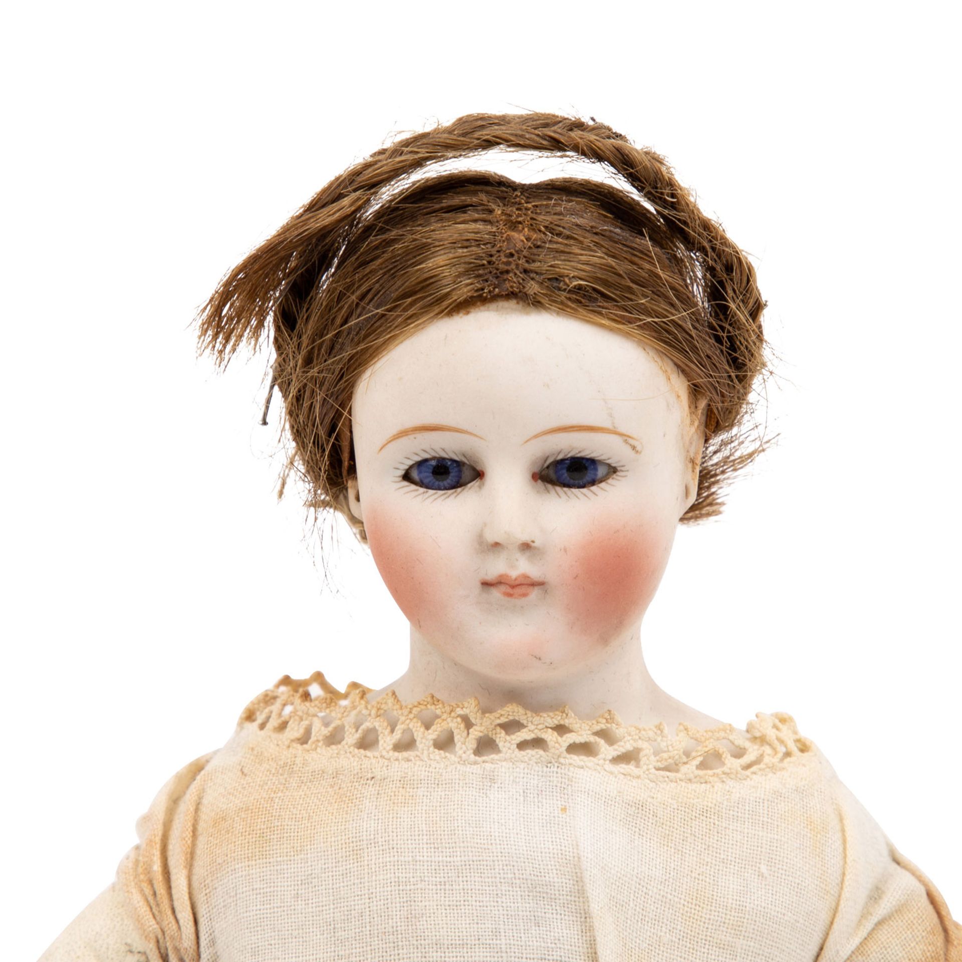 Porzellankopfpuppe, 19. Jh. Biskuitporzellan-Brustblattkopf mit festsitzenden, blauen Augen, braune - Bild 2 aus 5
