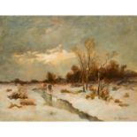 THOMASSIN, L. (?, Künstler/in 19./20. Jh.), "Winterlandschaft mit Jägern an einem Bach",