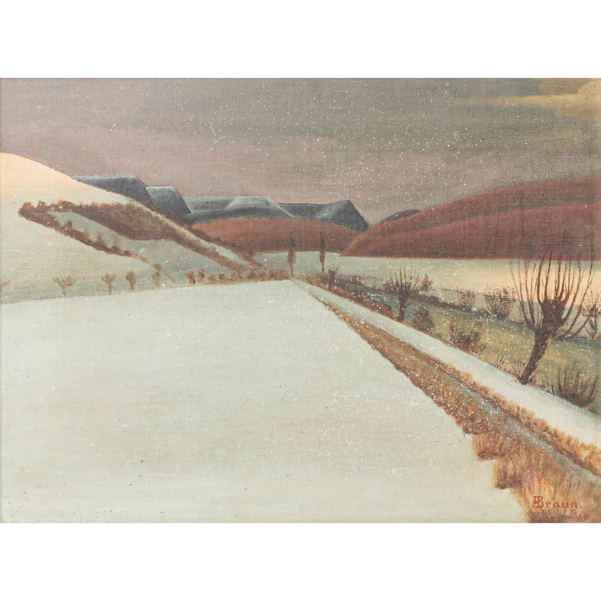 BRAUN, A./B.? (Künstler/in 19./20. Jh.), "Winter-Sonnenuntergang im Steinlachthal",